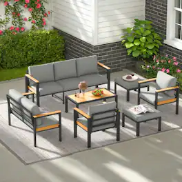 U-HOMY - 7-Piece Patio Conversation Set with Table, All-Weather Aluminum Furniture for Outdoor Living - Gray