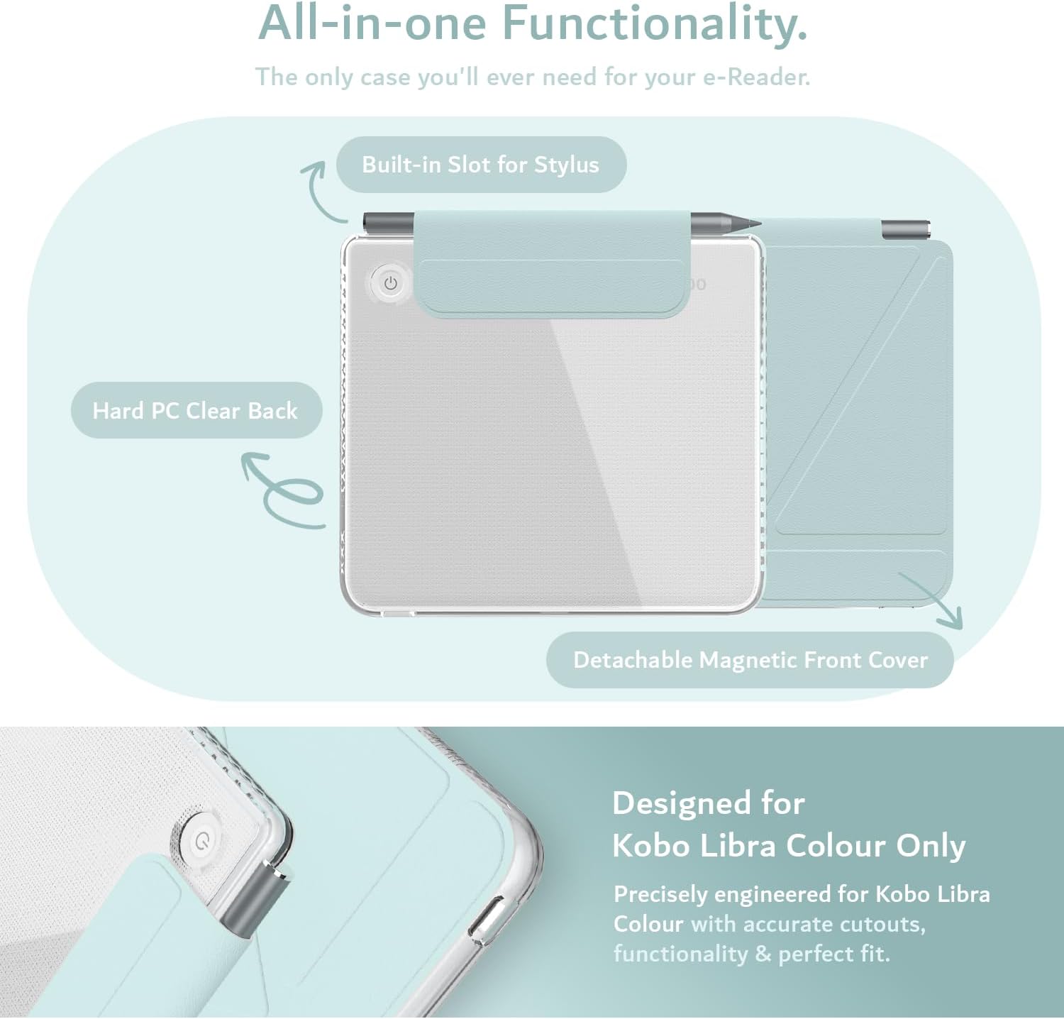 All-in-one Functionality.  
The only case you'll ever need for your e-Reader.  

Built-in Slot for Stylus  
Hard PC Clear Back  
Detachable Magnetic Front Cover  

Designed for Kobo Libra Colour Only  
Precisely engineered for Kobo Libra Colour with accurate cutouts, functionality & perfect fit.