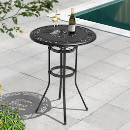 Nuu Garden - Outdoor Cast Aluminum Patio Bar Table with Vintage Hollow Tabletop, Umbrella Hole - Black