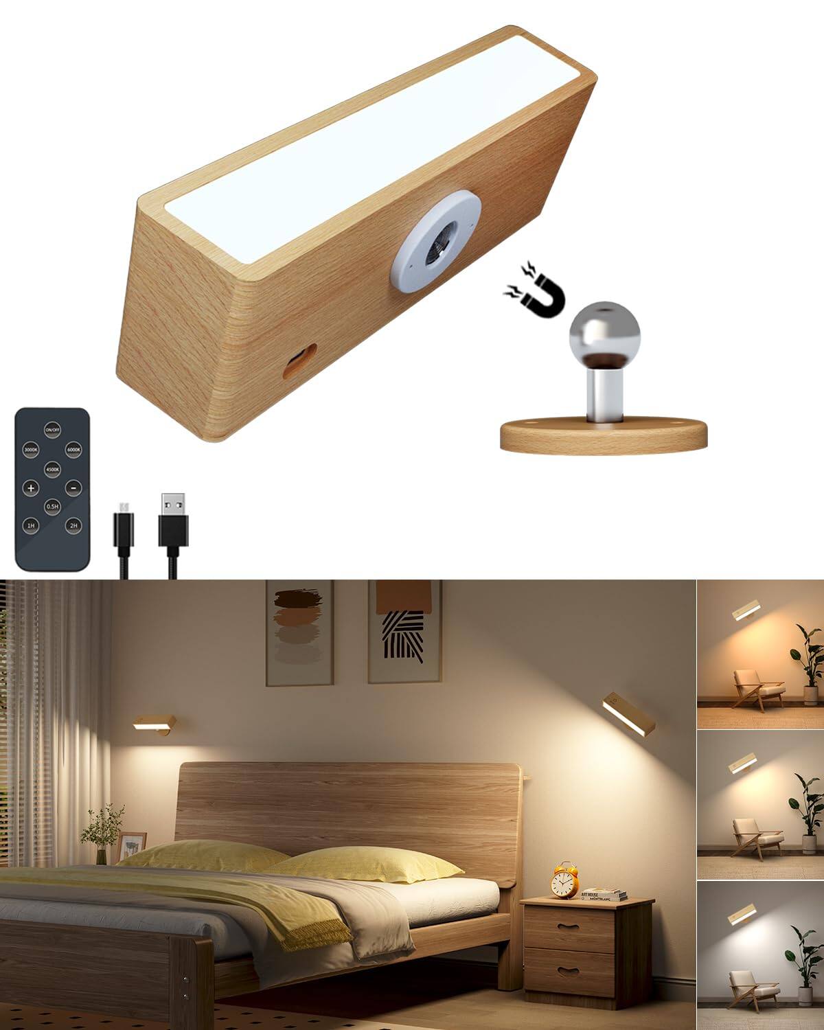 MAGICAL RUBS - Operated Wall Sconces Set Of 2 Rechargeable Lights Wood Stick On For Bedroom Mounted Bedside Reading Lamps Dimmable Lamp - Beech wood 1Pack-Remote Control