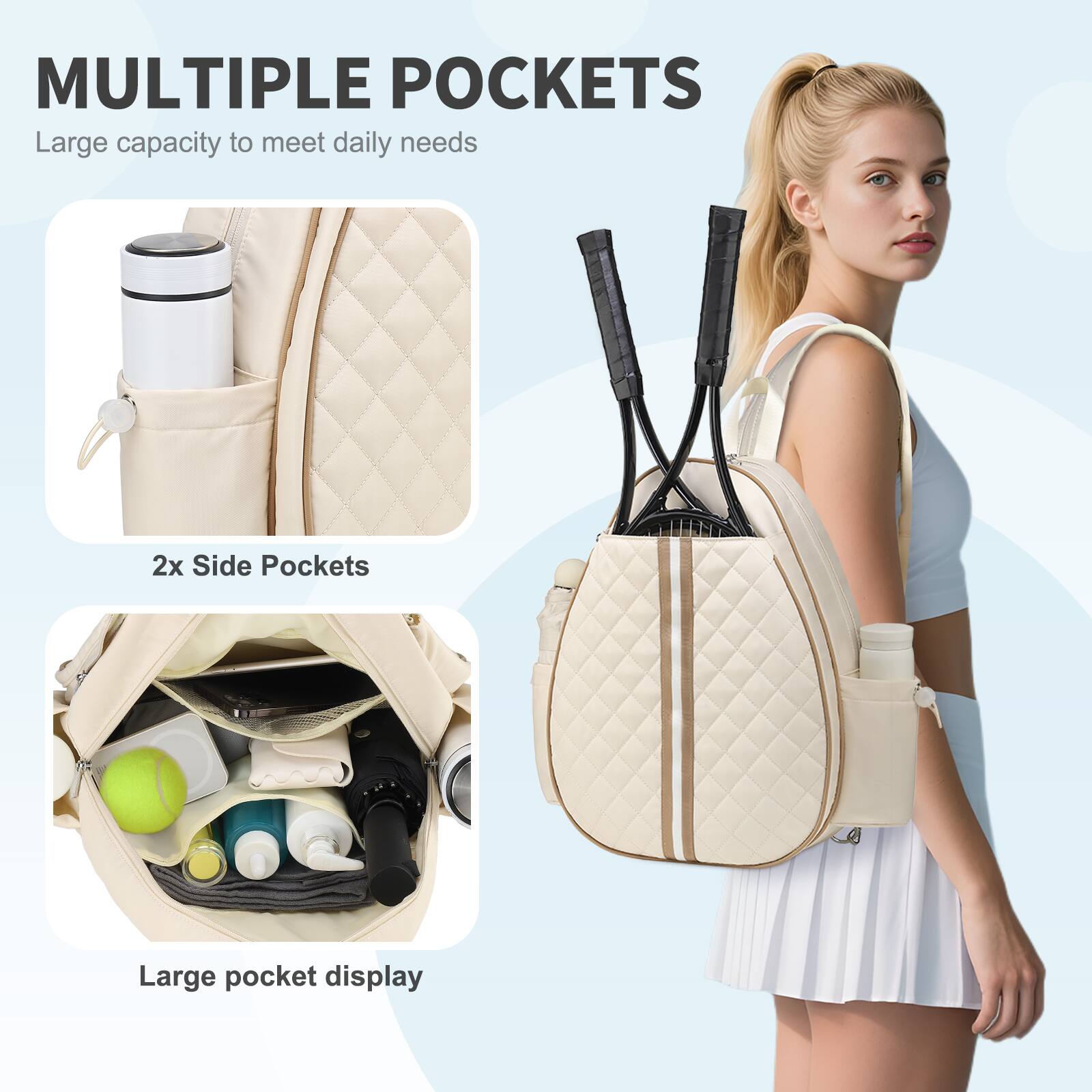 MULTIPLE POCKETS  
Large capacity to meet daily needs  

2x Side Pockets  

Large pocket display