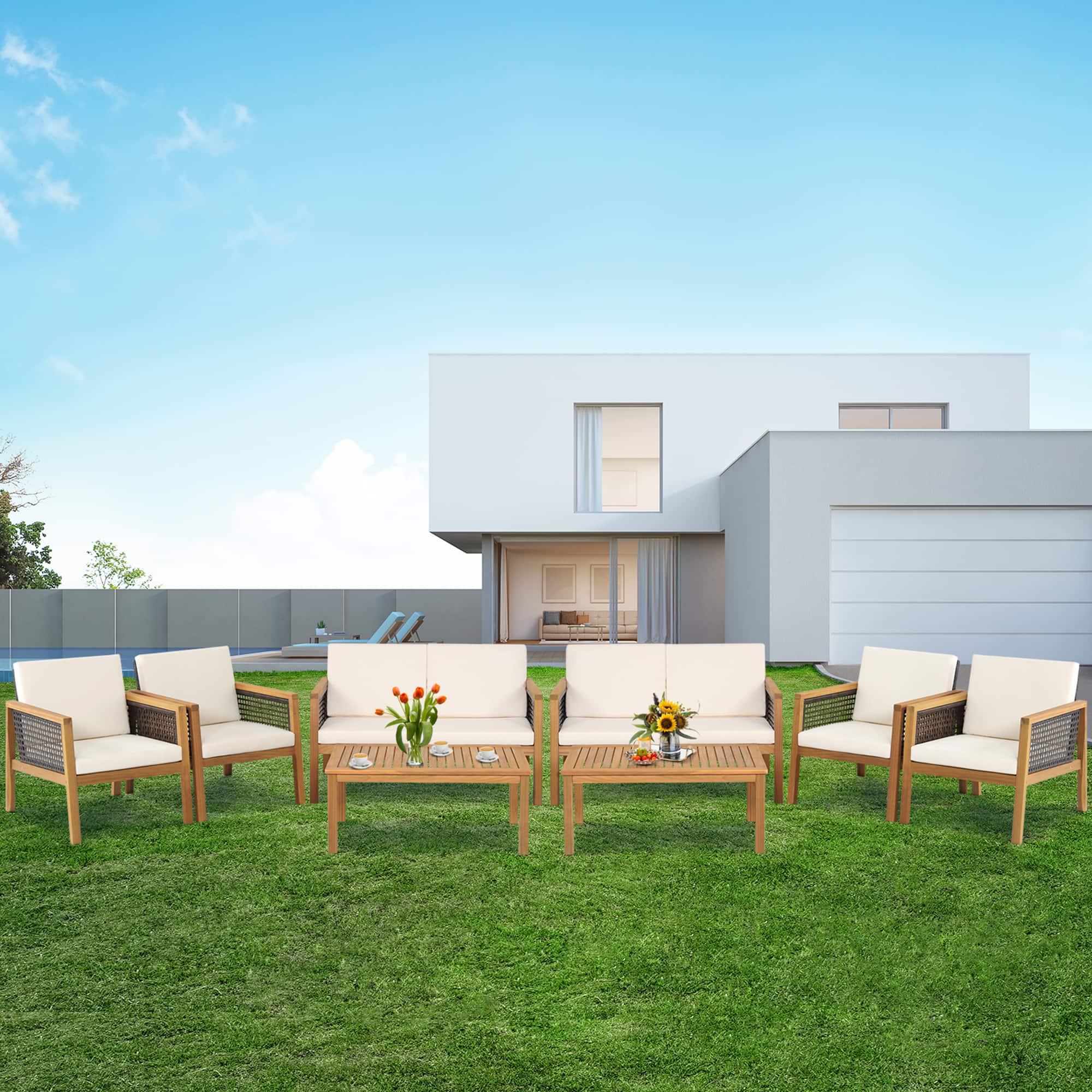 Gymax - 8PCS Patio Acacia Wood Furniture Set PE Rattan Conversation Set w/ Cushions - Off White price history on PriceWatchPro