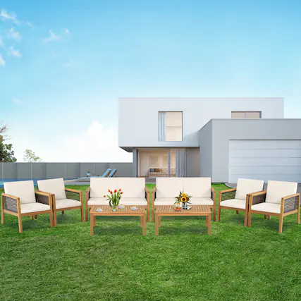 Front. Gymax - Gymax 8PCS Patio Acacia Wood Furniture Set PE Rattan Conversation Set w/ Off White Cushions - Off White.