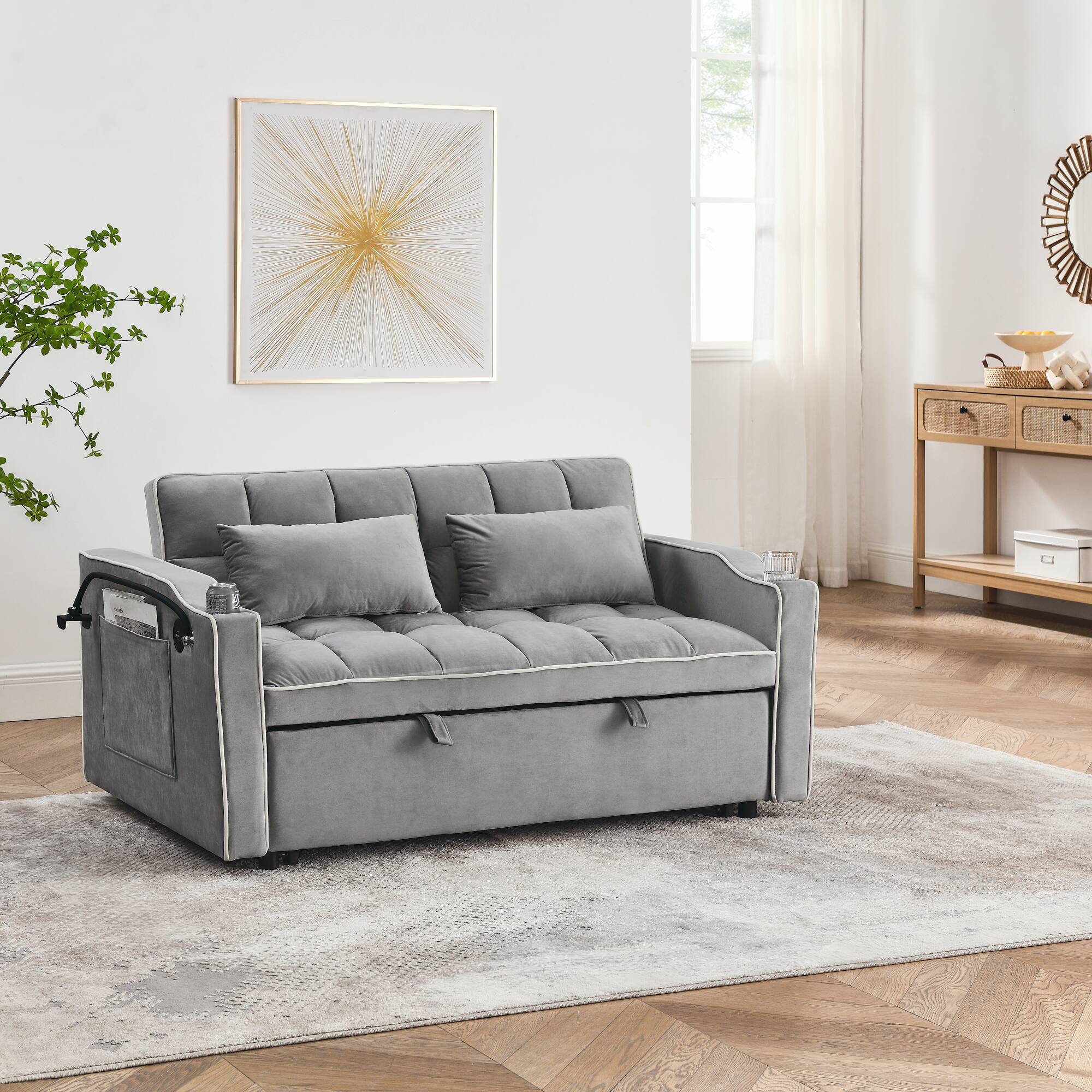 Left. Tiramisubest - Modern Velvet Versatile Foldable Sofa Bed in 3 Lengths,Adjustable Back w/ USB Port,Ashtray & Swivel Phone Stand (Grey) - Grey.