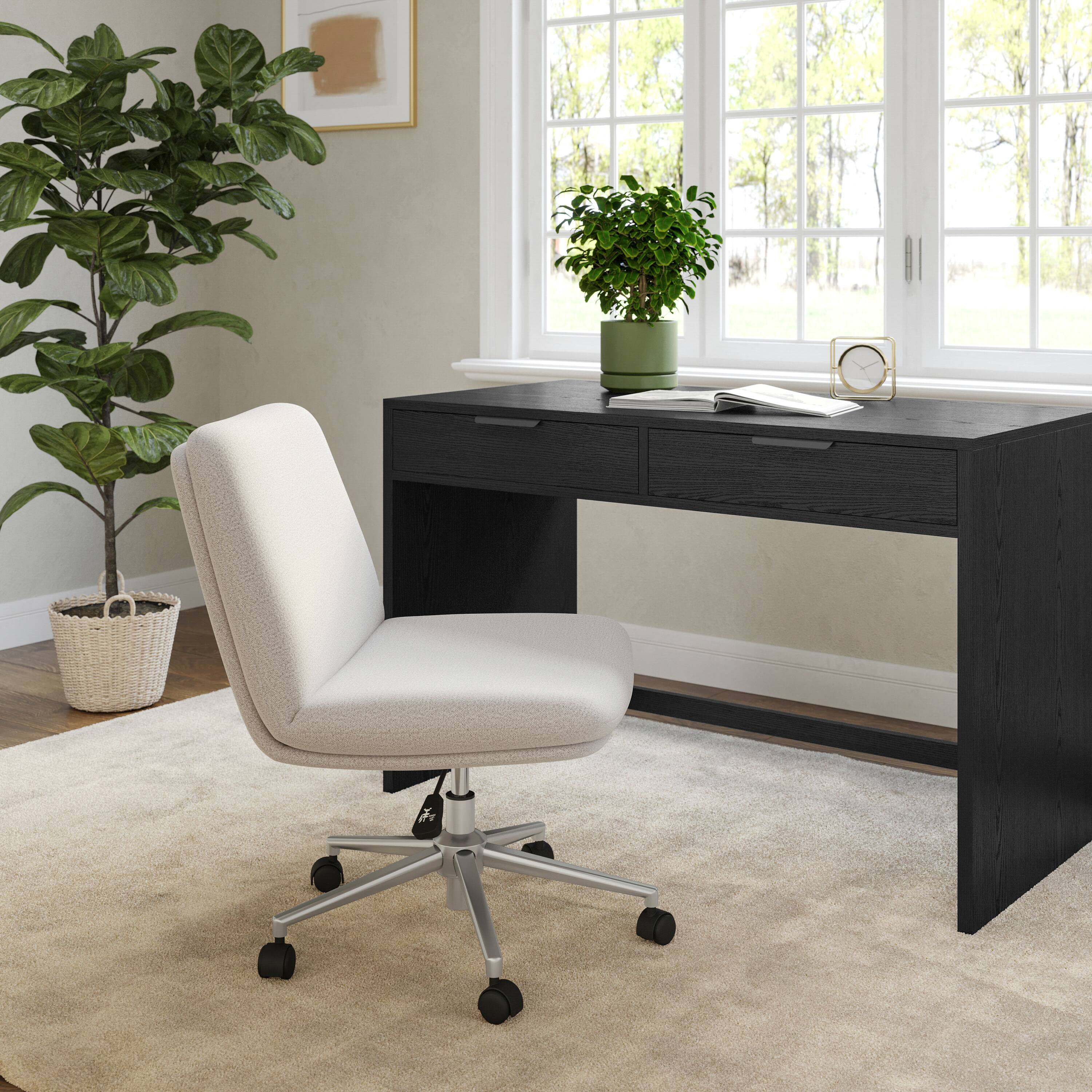 Alt View 1. Martha Stewart - Eloise Upholstered Swivel Home Office Chair with Wide Seat - Grey White Fabric/Polished Nickel Frame.