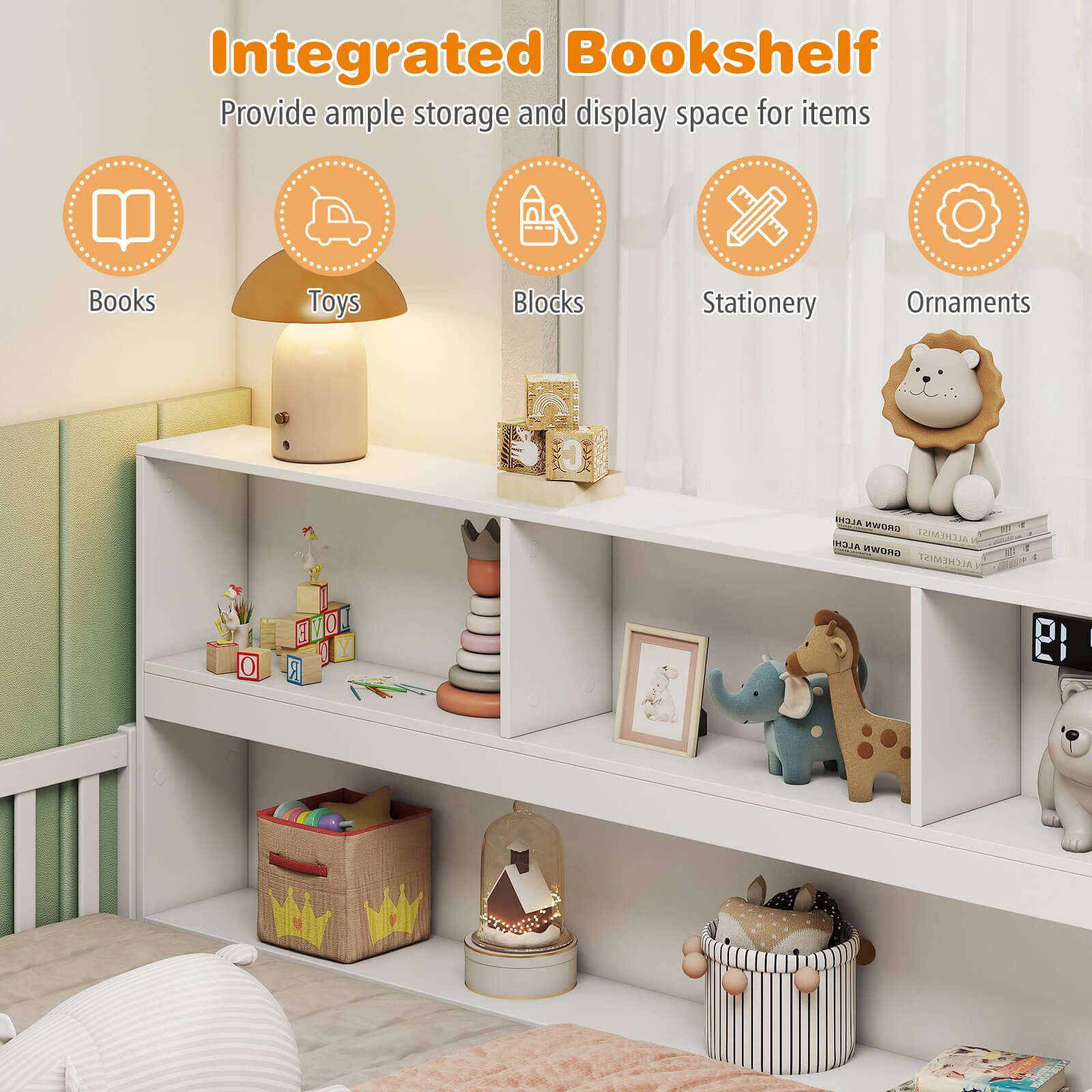 Integrated Bookshelf Provide ample storage and display space for items such as books, toys, blocks, stationery, ornaments, and more.
