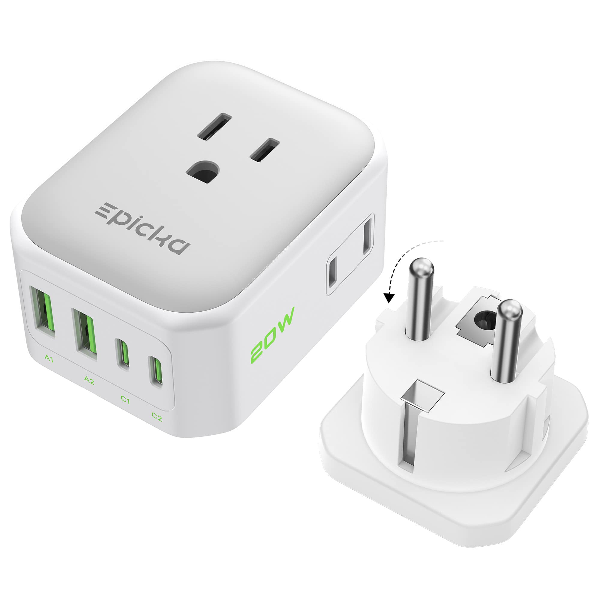 Epicka - Hybrid International Power Adapter for US to German, 8-IN-1 Travel Plug Adapter, Travel Dorm Essentials - White