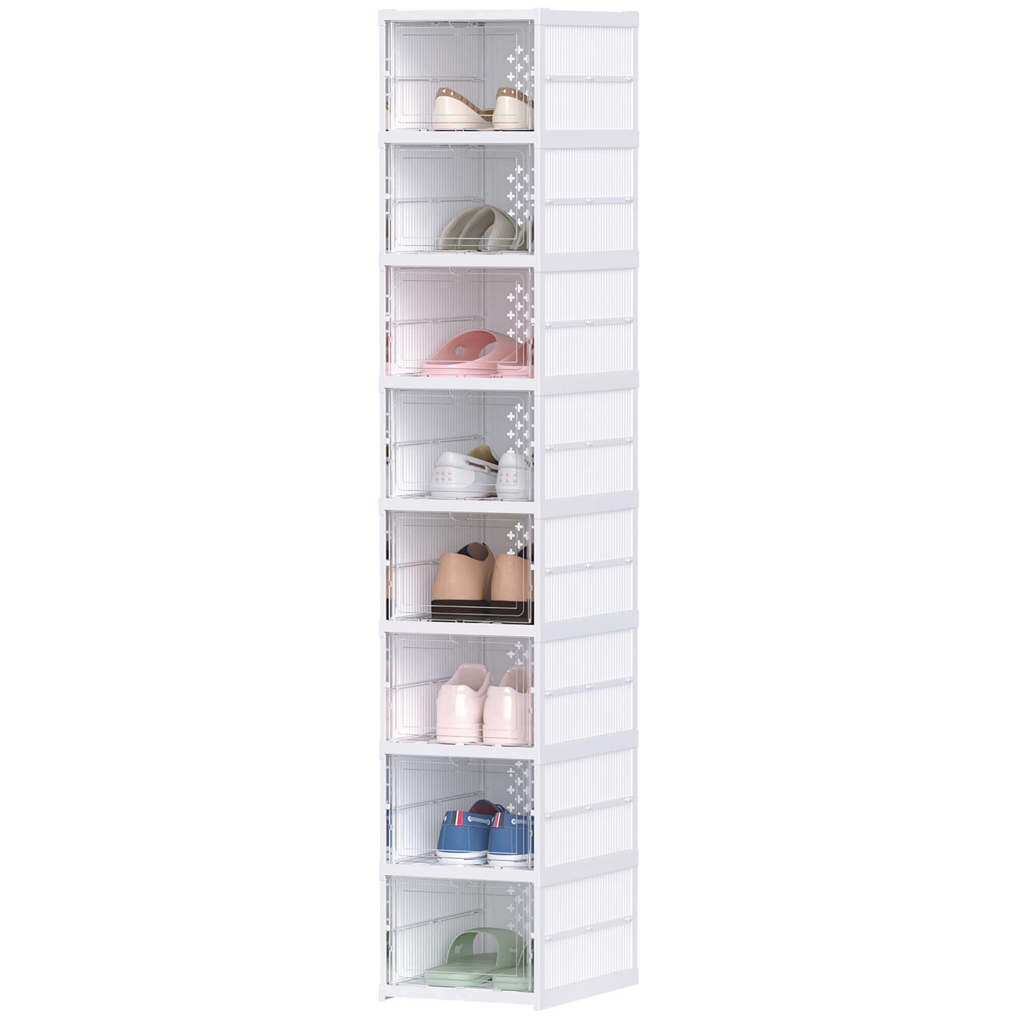 Homcom - Plastic Shoe Boxes, 8 Pack Foldable Shoe Storage Boxes with Clear Door, No Assembly - White