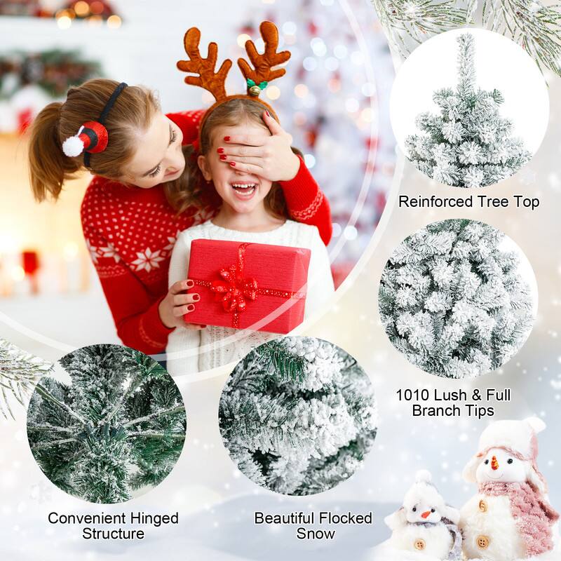 Reinforced Tree Top  
1010 Lush & Full Branch Tips  
Convenient Hinged Structure  
Beautiful Flocked Snow