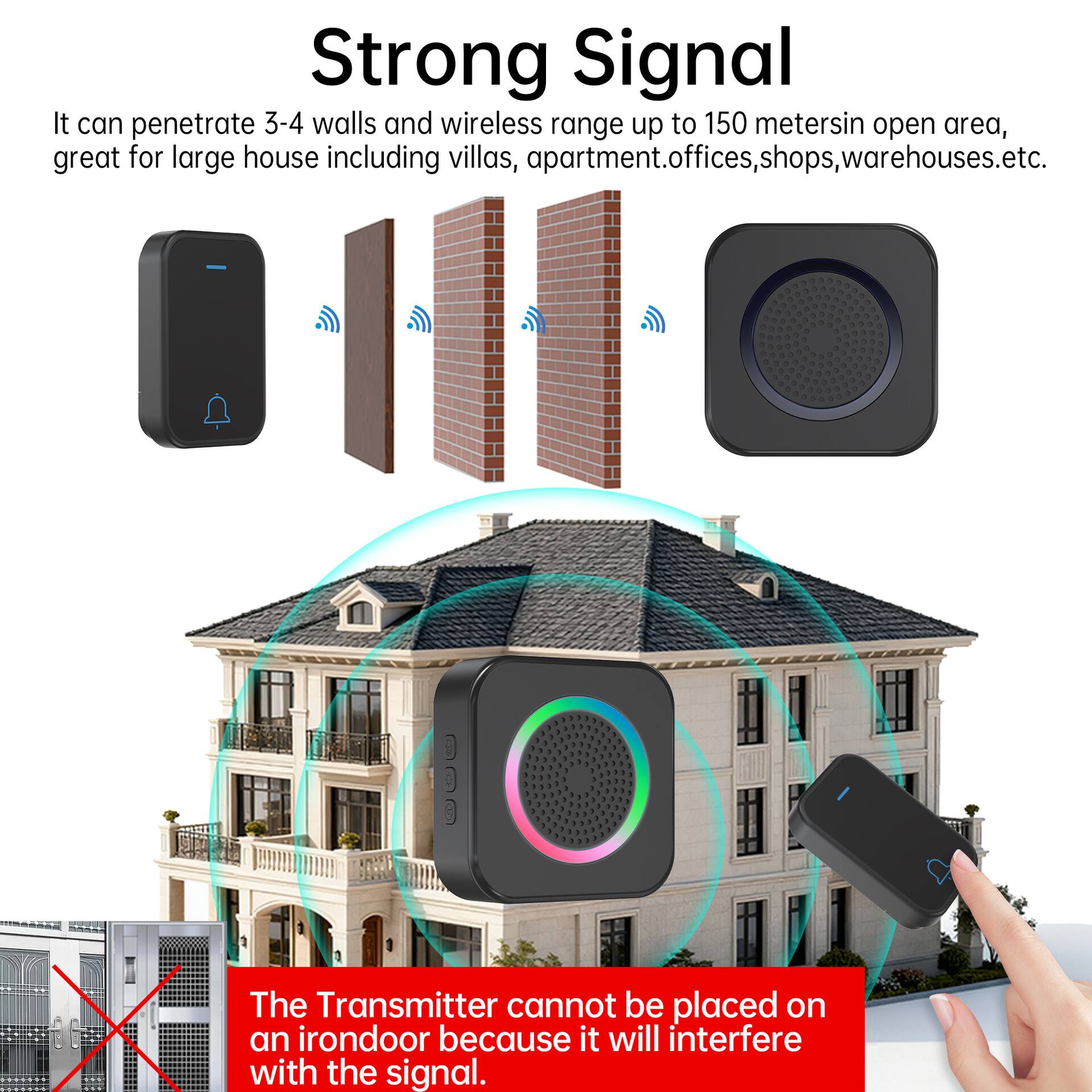 Strong Signal

It can penetrate 3-4 walls and wireless range up to 150 meters in open area, great for large house including villas, apartments, offices, shops, warehouses, etc.

The Transmitter cannot be placed on an iron door because it will interfere with the signal.