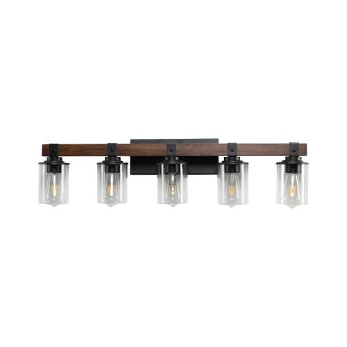 Alt View 5. LUCKY ONE - 35in Rustic 5-Light Vanity Light, Industrial Farmhouse Bathroom Sconce with Wood Accent - Walnut.