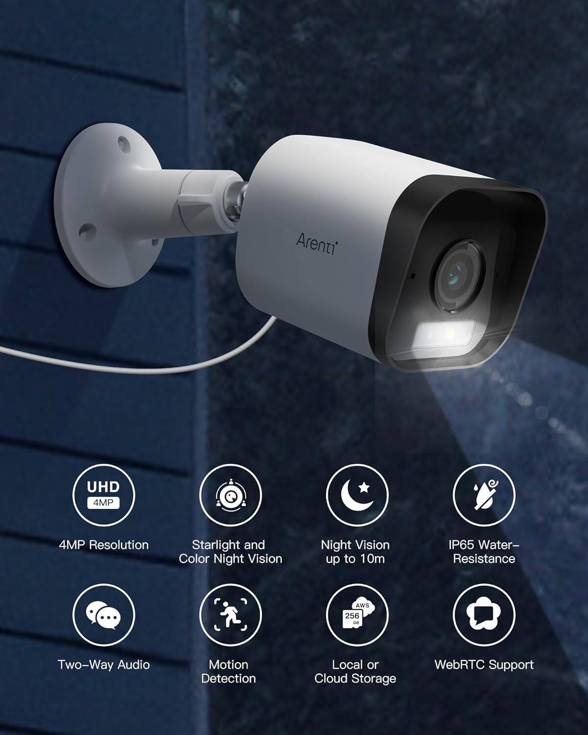 Arenti UHD 4MP 4MP Resolution Starlight and Color Night Vision Night Vision up to 10m IP65 Water-Resistance Two-Way Audio Motion Detection Local or Cloud Storage WebRTC Support