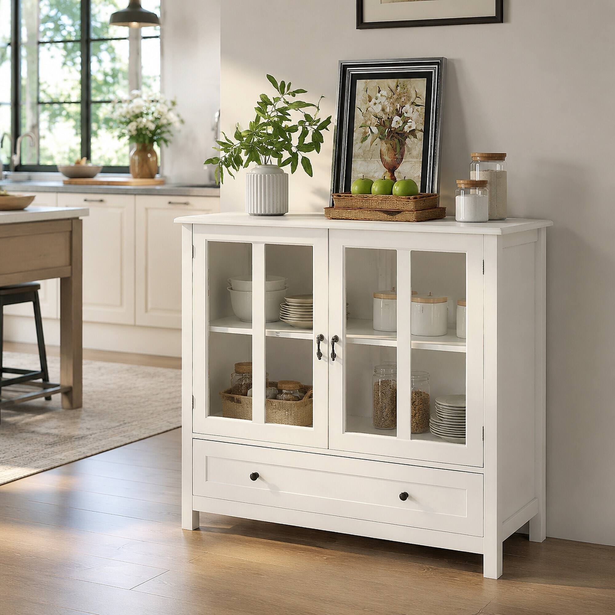Angle. RYHNUYNE - Freestanding Buffet Storage Cabinet with Double Glass Doors and Bell Handle, Dining Sideboard - White.