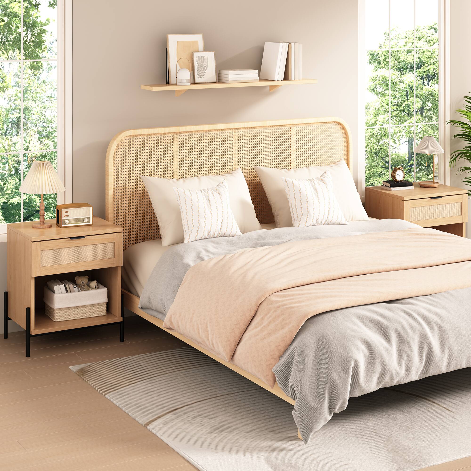 Back. U-HOMY - Boho Rattan Nightstand Set of 2, 19.7" Wide Bedside Tables with Drawer and Shelf for Bedroom or Living Room - Wood Color.