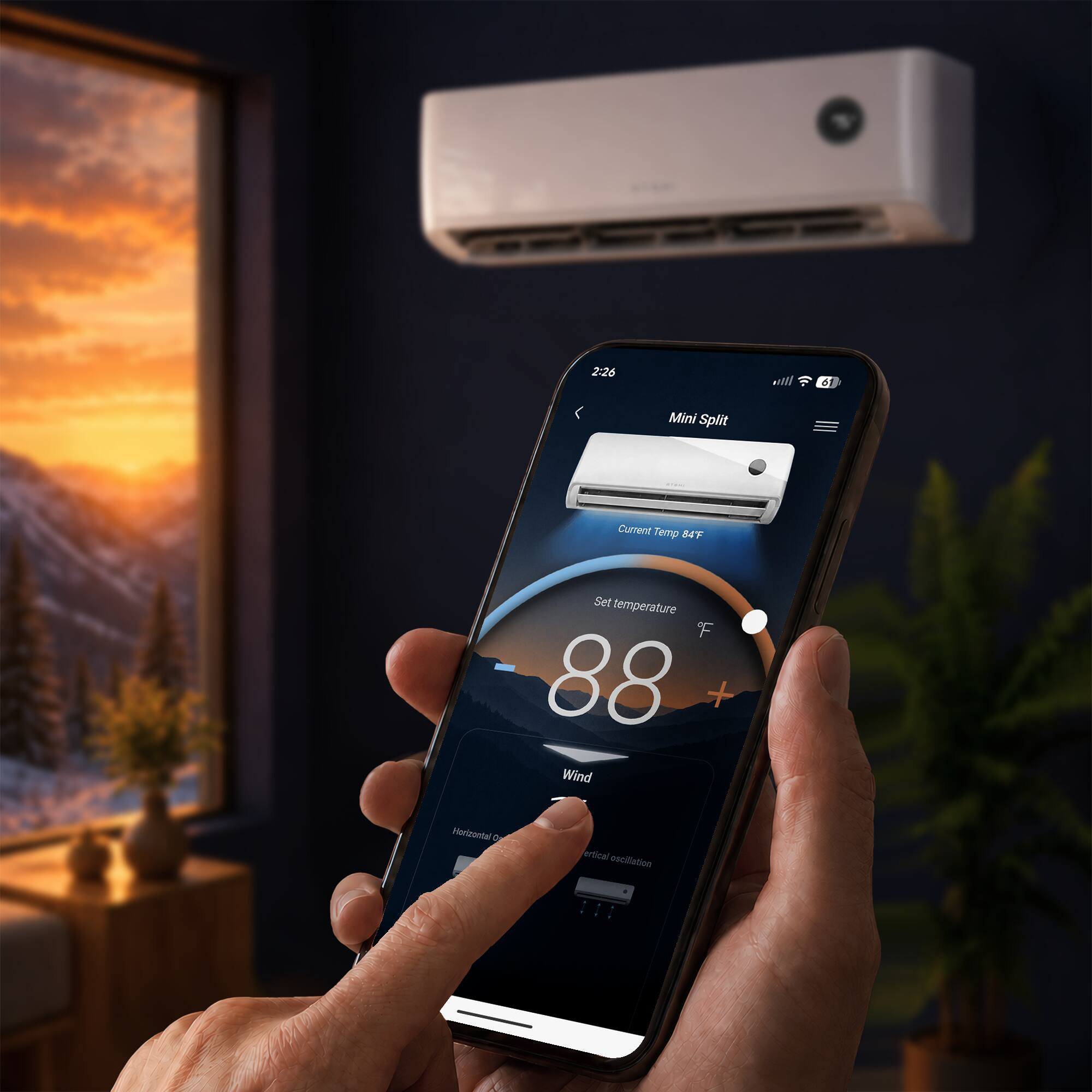 2:26  
6  
Mini Split  
Current Temp 84F  
Set temperature 88  
Wind  
Horizontal  
vertical oscillation