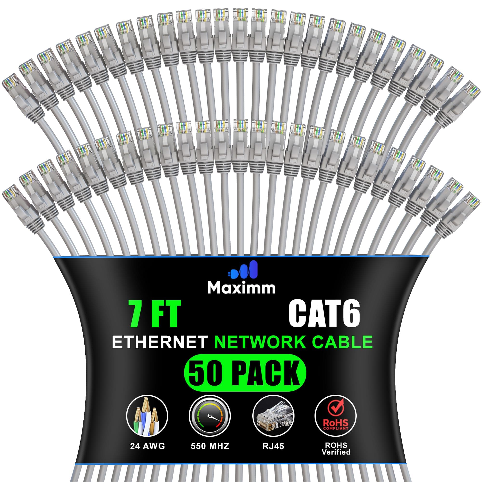 Maximm - Cat 6 Ethernet Cable 7 ft (50-Pack) - UTP, 10Gbps, 550MHz