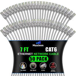 Maximm - Cat 6 Ethernet Cable 7 ft (50-Pack) - UTP, 10Gbps, 550MHz
