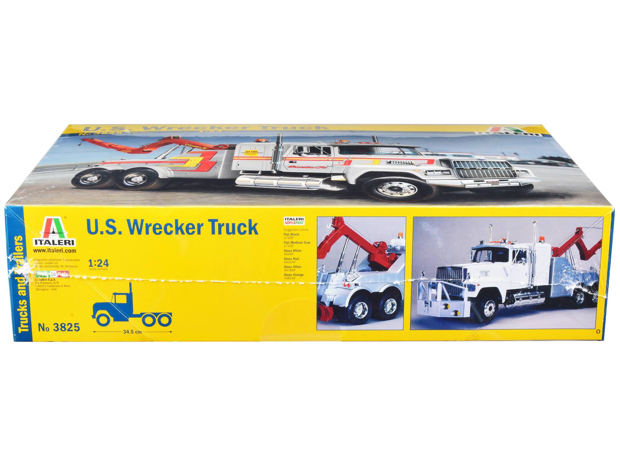 U.S. Wrecker Truck  
ITALERI  
www.italeri.com  

1:24  
Trucks and Taxis  

No 3825  
34.5 cm  

Suggested colors:  
Flat Black  
Flat Medium Grey  
Gloss White  
Gloss Red  
Gloss Silver  
Gloss Orange  

ITALERI  
Trucks and Taxis