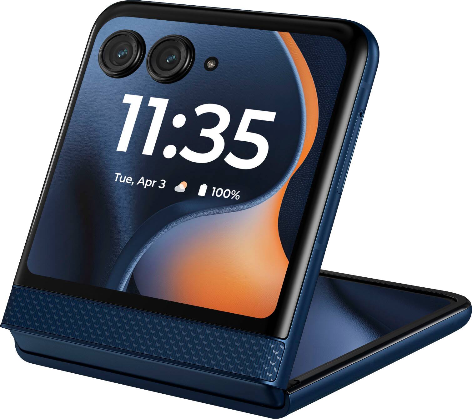 The image shows a blue cell phone with a screen displaying the time as 11:35. The phone is sitting on a stand, which is also blue. The stand has a unique design, making it an interesting and eye-catching accessory for the phone.