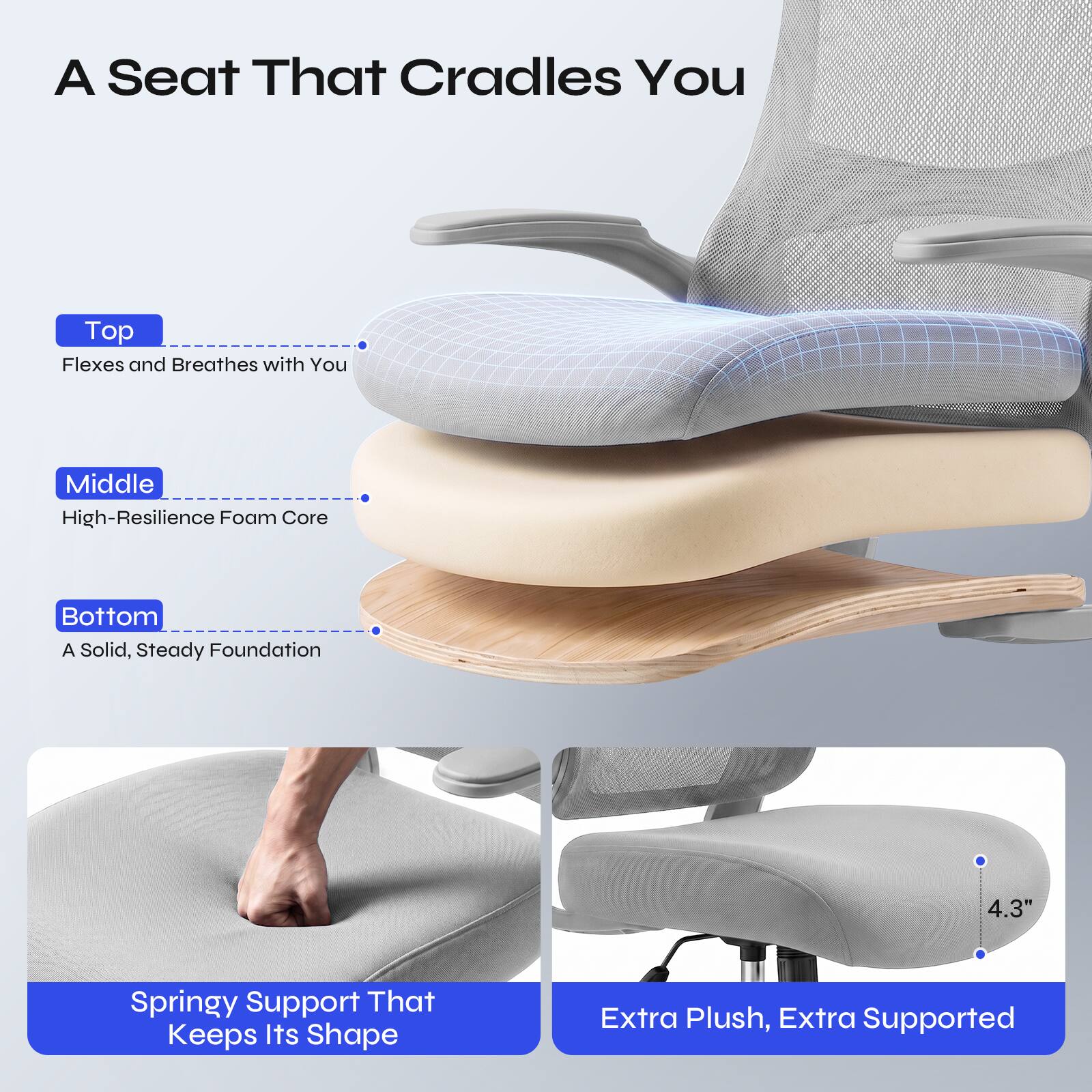A Seat That Cradles You

Top
Flexes and Breathes with You

Middle
High-Resilience Foam Core

Bottom
A Solid, Steady Foundation

4.3"

Springy Support That Keeps Its Shape

Extra Plush, Extra Supported