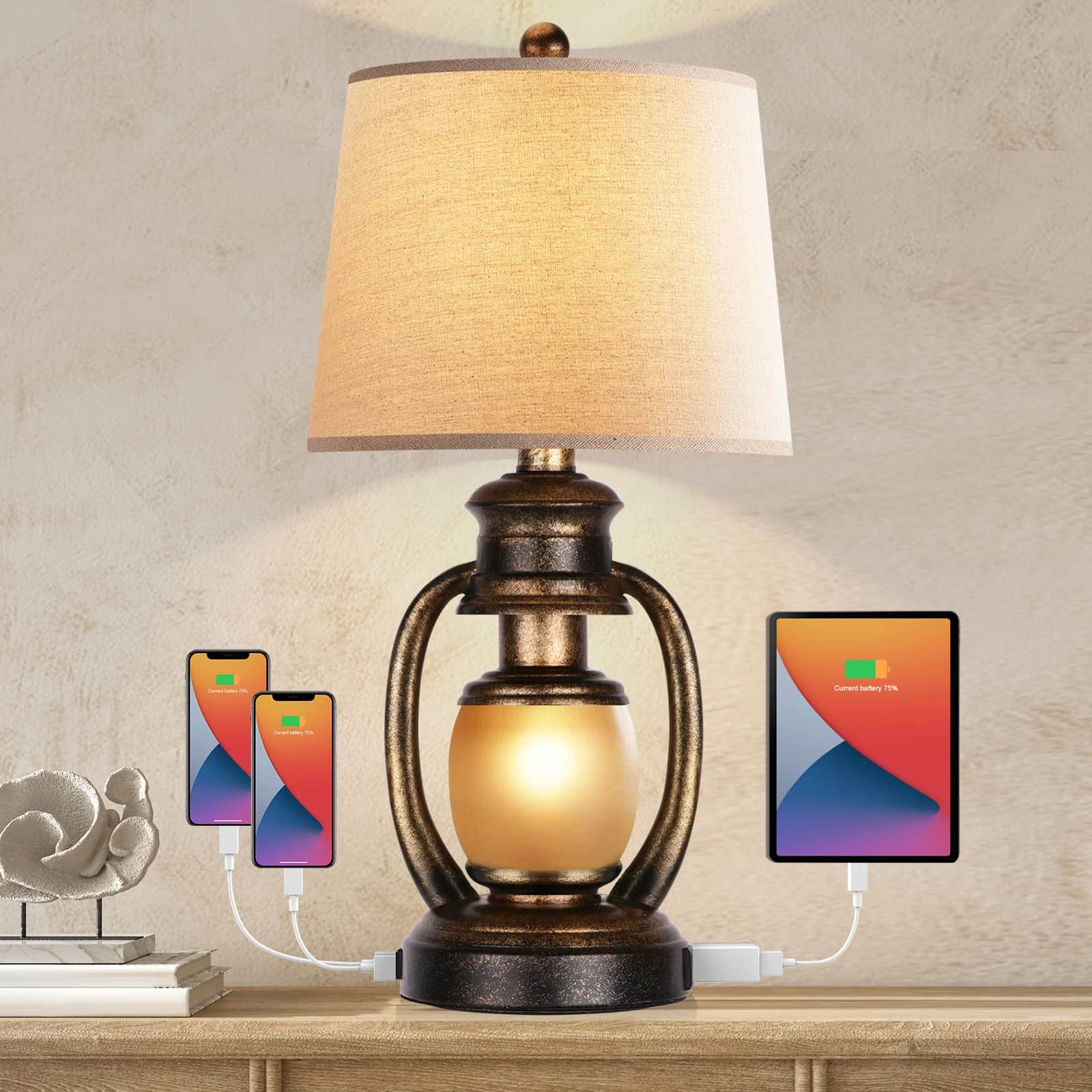 Pawtners - Rustic Table Lamps for Living Room, Oatmeal Tapered Drum Shades,2 USB Ports and One AC Outlet,4-Way rotary switch