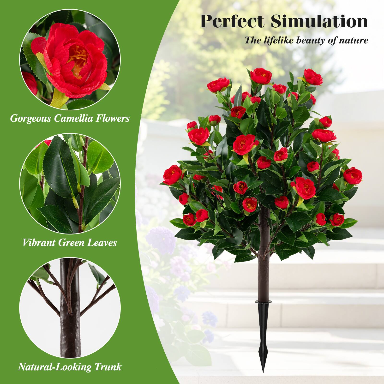 Perfect Simulation  
The lifelike beauty of nature  

Gorgeous Camellia Flowers  
Vibrant Green Leaves  
Natural-Looking Trunk
