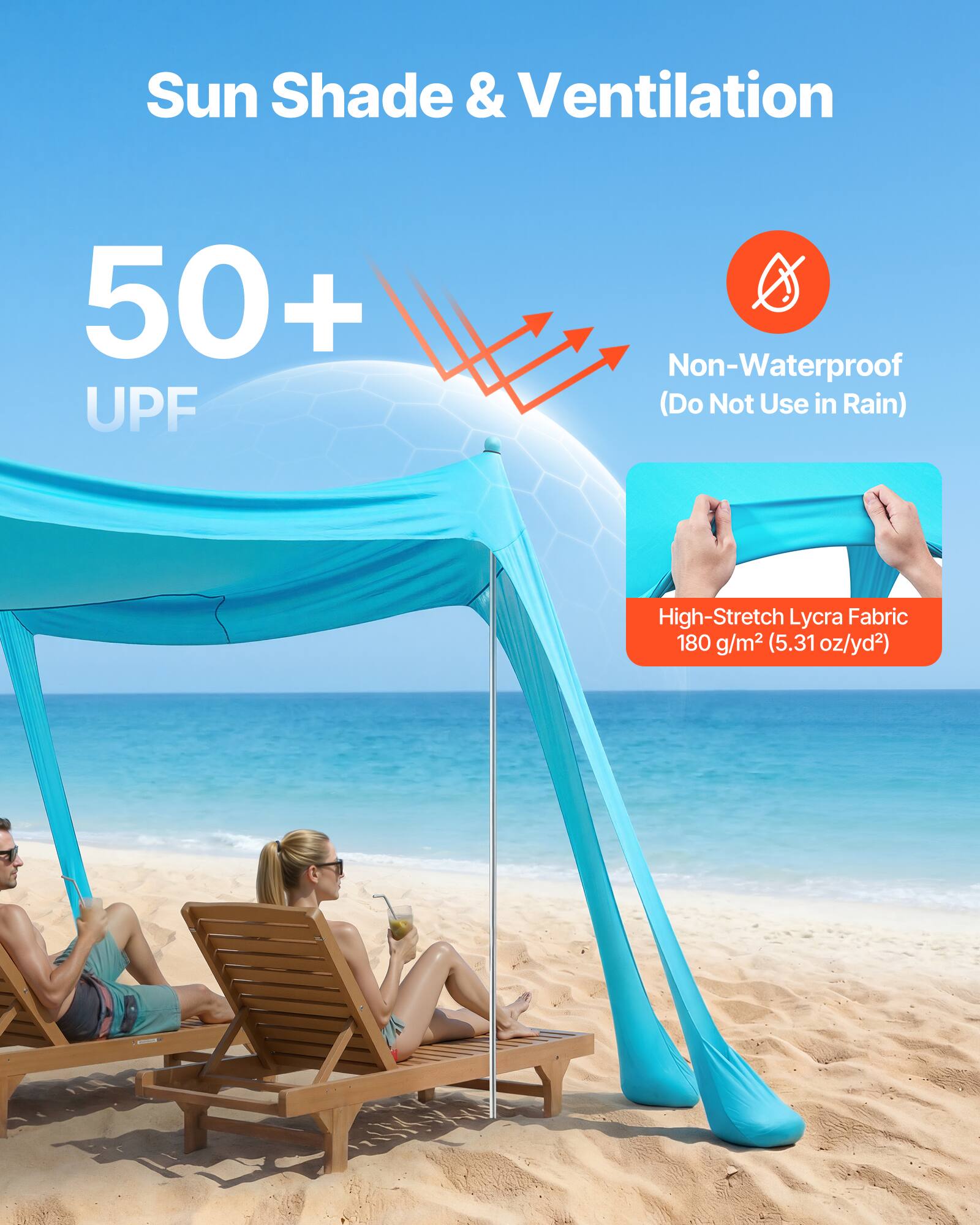 Sun Shade & Ventilation  
50+ UPF  
Non-Waterproof (Do Not Use in Rain)  
High-Stretch Lycra Fabric  
180 g/m² (5.31 oz/yd²)