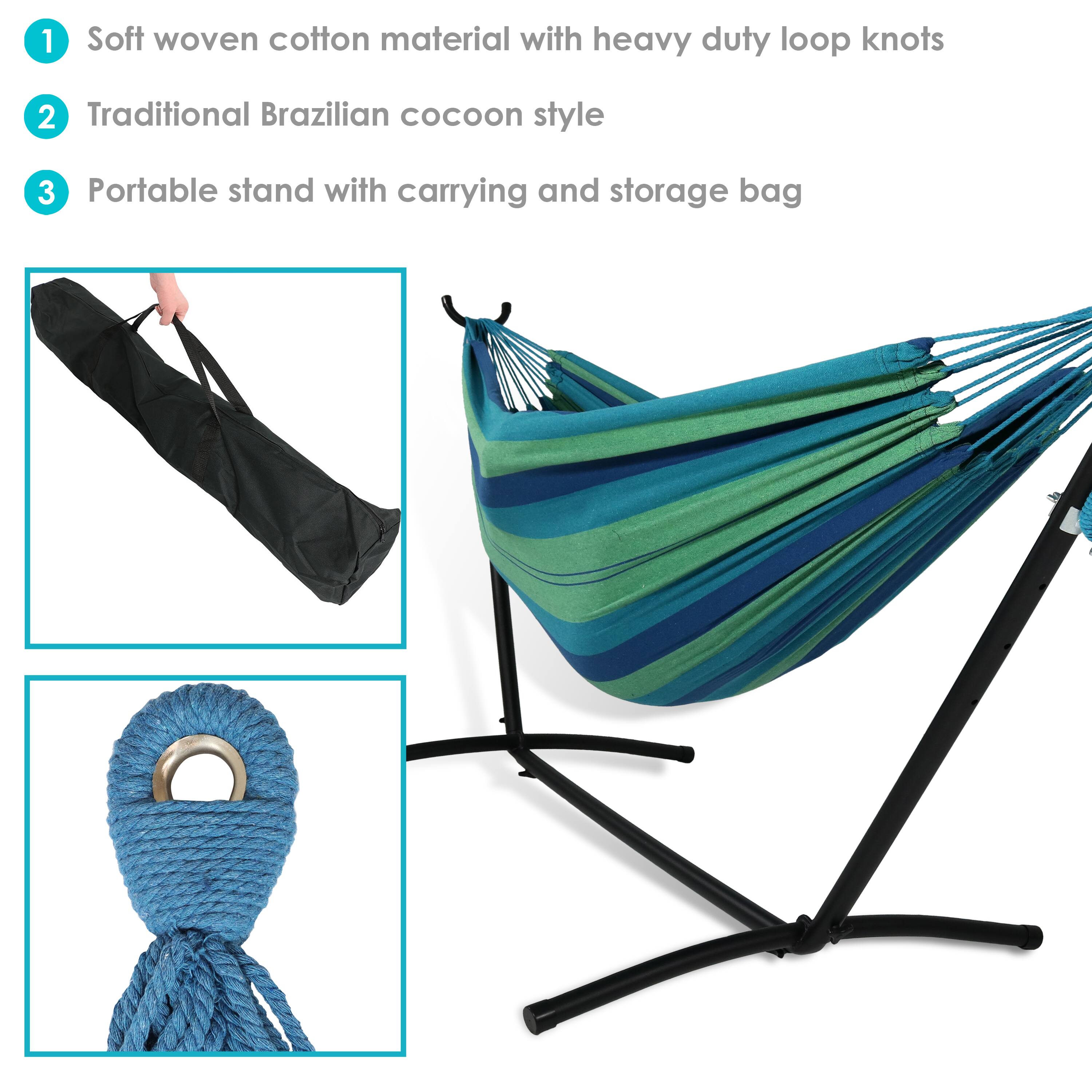 1. Soft woven cotton material with heavy duty loop knots  
2. Traditional Brazilian cocoon style  
3. Portable stand with carrying and storage bag