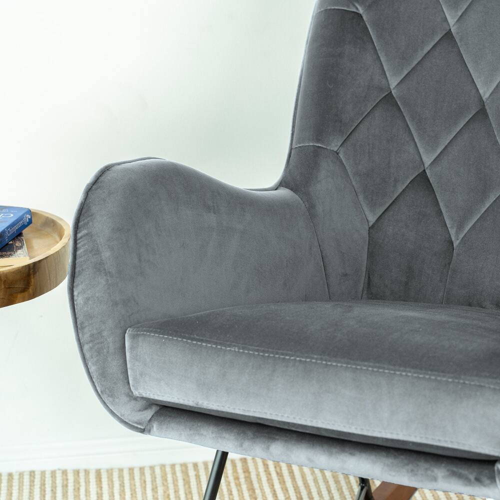 Back. Loheer - Loheer Mid Century Modern Rocking Chair Dark Grey Nursery Rocker Plush Cushion Armchair for Bedroom Living Room - Dark Grey.