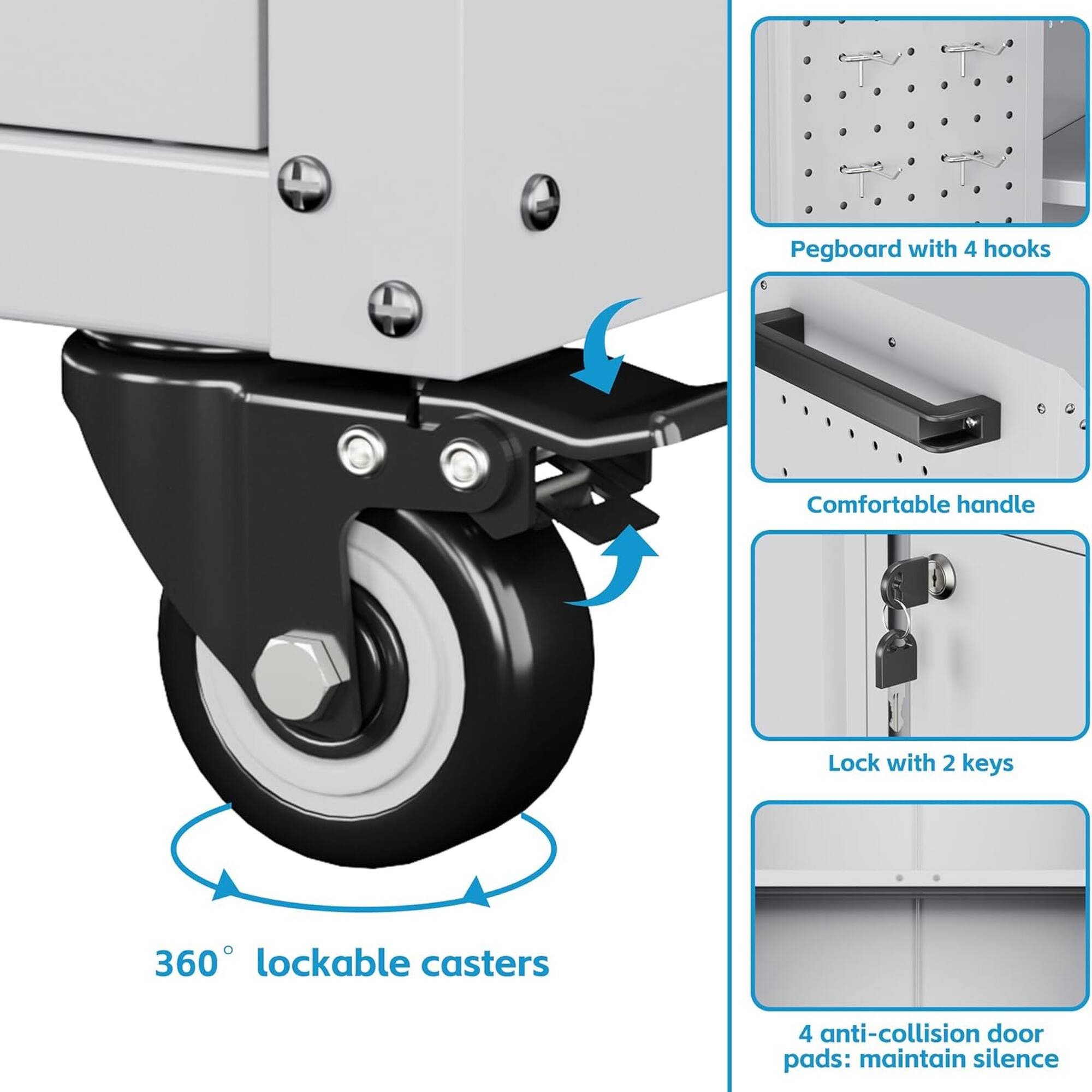 Pegboard with 4 hooks  
Comfortable handle  
Lock with 2 keys  
360° lockable casters  
4 anti-collision door pads: maintain silence