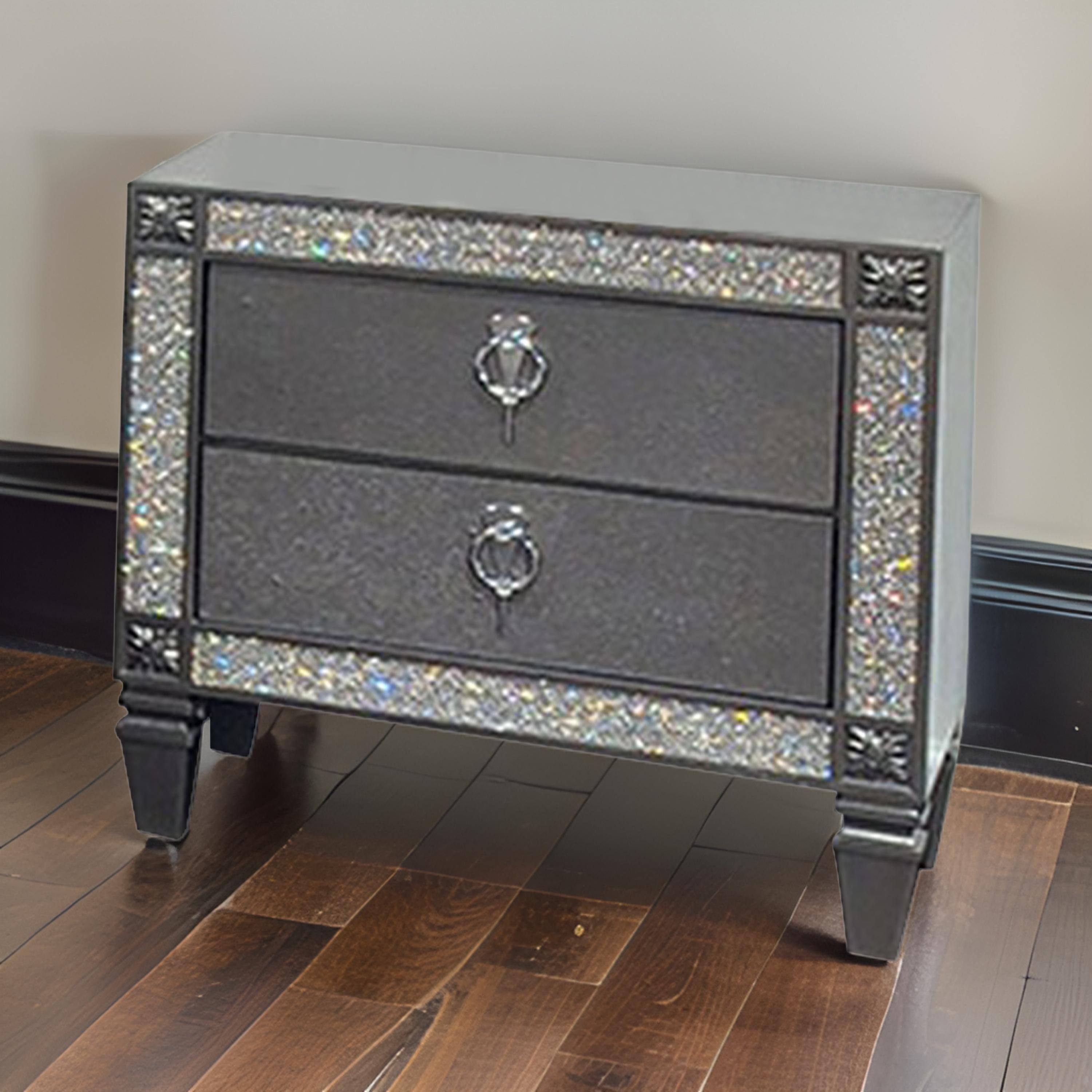 Alt View 5. Manhattan Lane - Laine Nightstand, 2 Drawers, Crystal Like Acrylic Trim, Solid Wood - Gray, Nickel.