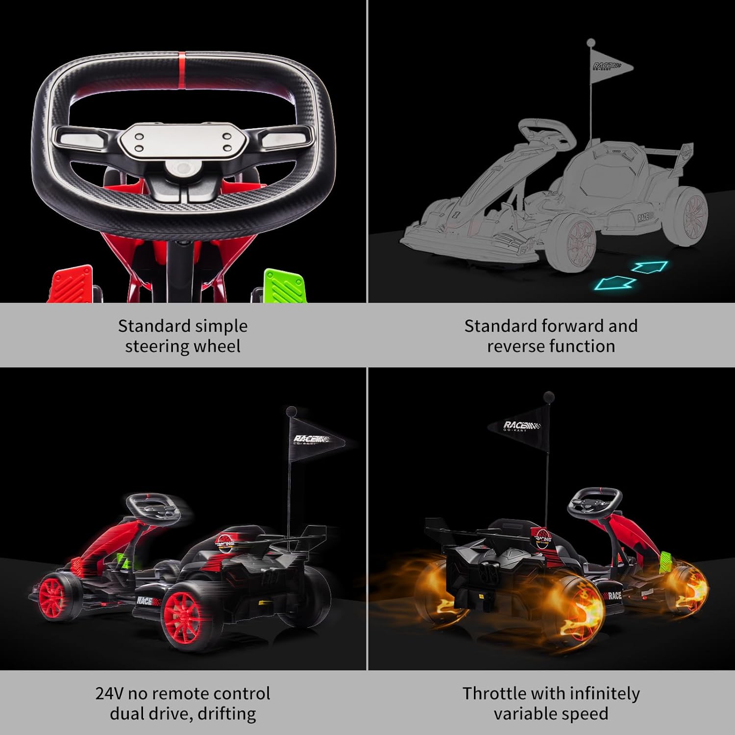 - Standard simple steering wheel
- Standard forward and reverse function
- 24V no remote control dual drive, drifting
- Throttle with infinitely variable speed