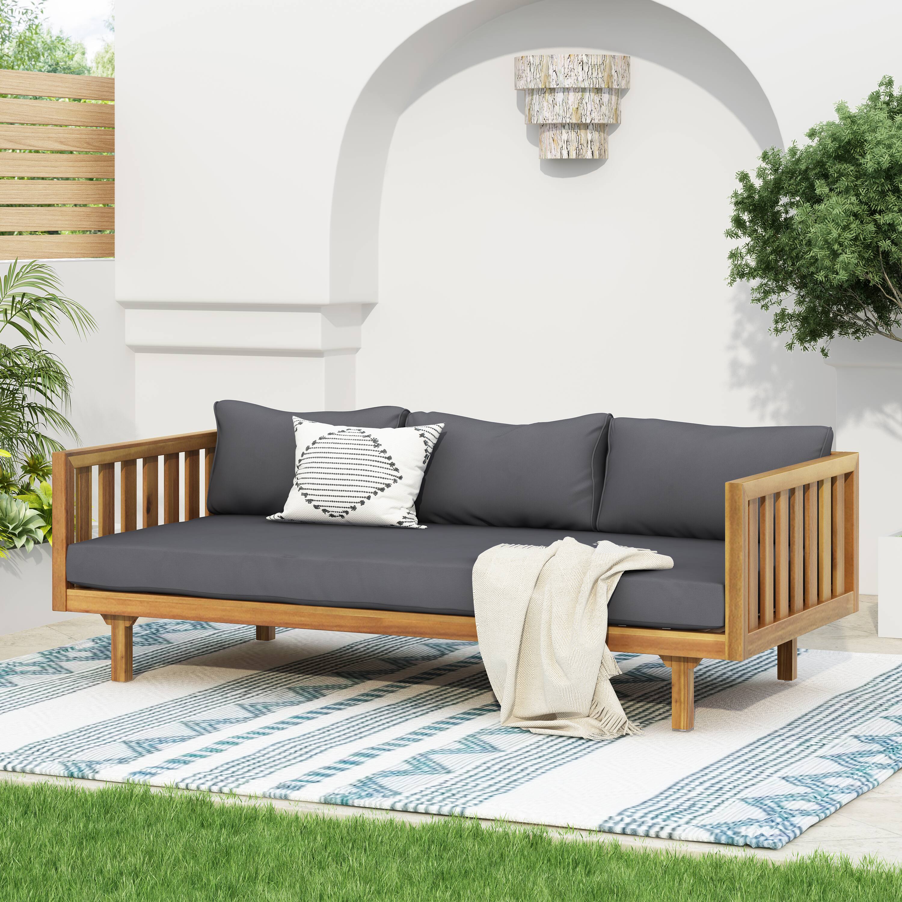 Alt View 5. Siljoy - Acacia Wood Outdoor 3-Seater Daybed with Water-Resistant Thick Cushions & Round Coffee Table - Dark Grey - Dark Grey.