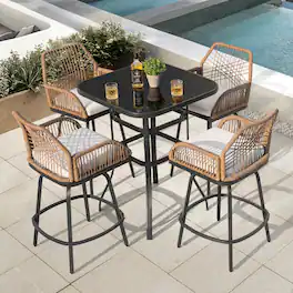 Nuu Garden - Swivel Patio Bar Set with Cushions, Handwoven Twisted Rattan Design - 5pc Glass Top