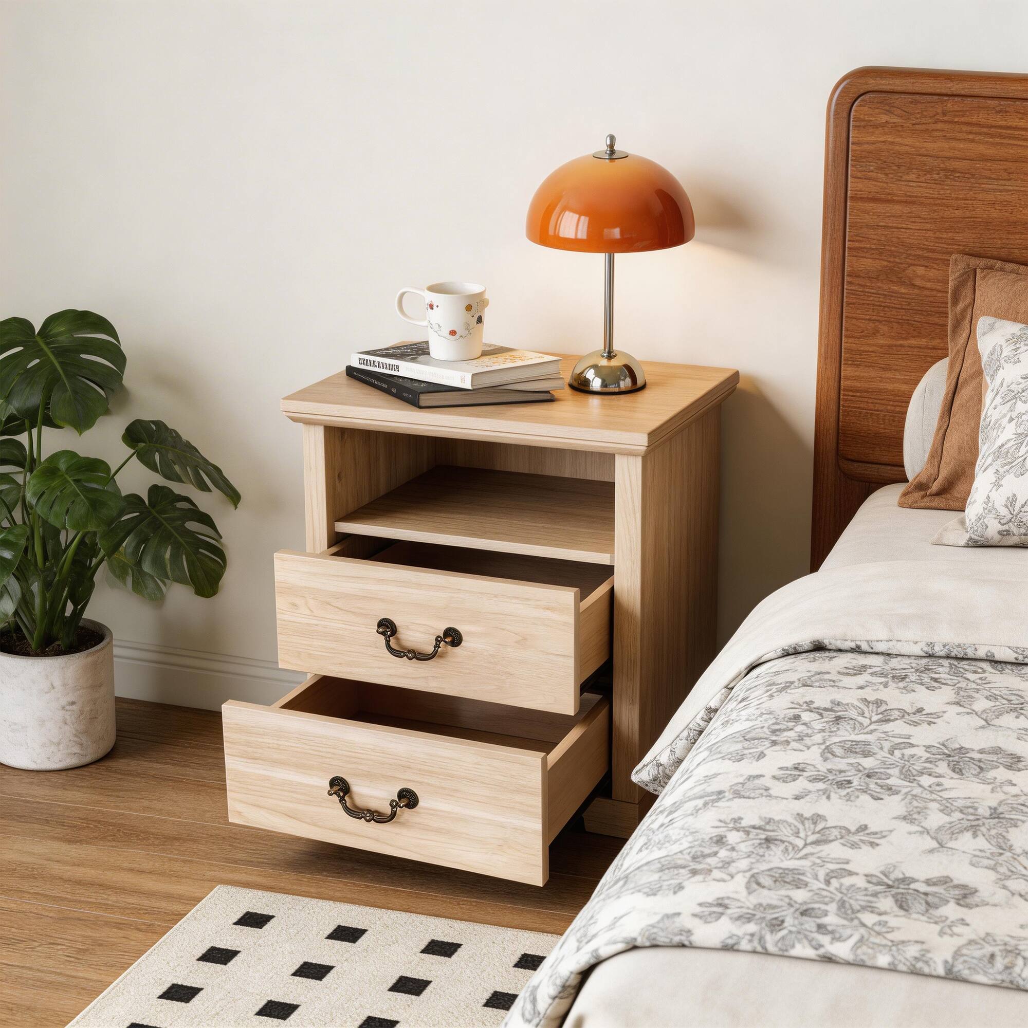 Angle. Vaczon - Rustic Oak Nightstand Bedside Table with Open Shelf and 2 Drawers - Oak.