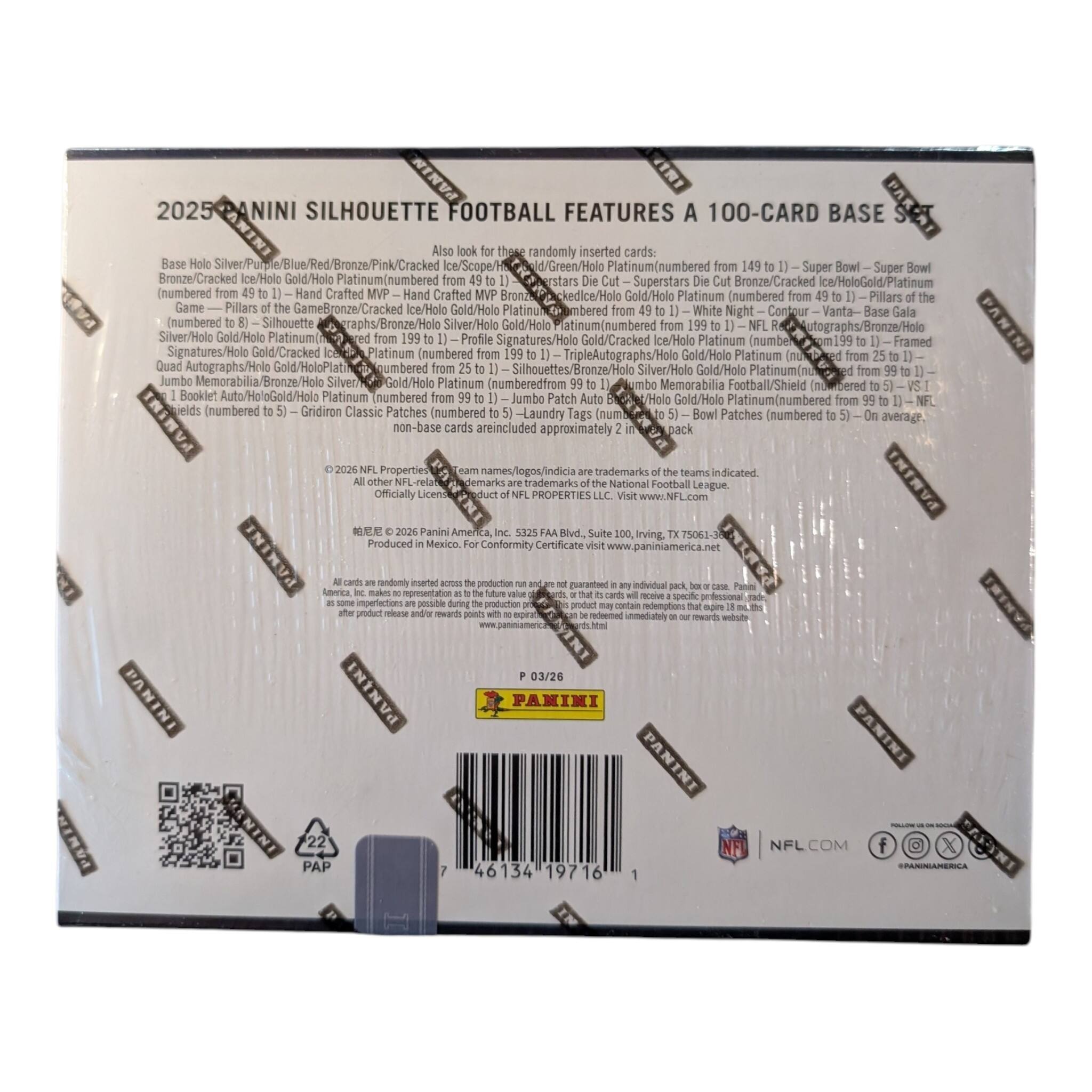 2025 Panini Silhouette Football features a 100-card base set. Also look for these randomly inserted cards:

- Base Hole Silver/Purple/Blue/Red/Bronze/Pink/Cracked Ice/Scope/Green/Holo Platinum (numbered from 149)
- Super Bowl Super Bowl Bronze/Cracked Ice/Hole Gold/Holo Platinum (numbered from 149)
- Superstars Superstars Bronze/Cracked Ice/Holo Platinum (numbered from 149)
- Hand Crafted MVP Hand Crafted MVP Bronze/Cracked Ice/Holo Gold/Holo Platinum (numbered from 149)
- Pillars of the Game Pillars of the Game Bronze/Cracked Ice/Holo Gold/Holo Platinum (numbered from 149)
- White Night Contour Vanta-Base Gala (numbered from 149)
- Profile Signatures/Holo Gold/Cracked Ice/Holo Platinum (numbered from 149)
- Triple Autographs/Holo Gold/Holo Platinum (numbered from 149)
- Quad Autographs/Holo Gold/Holo Platinum (numbered from 149)
- Jumbo Memorabilia Football/