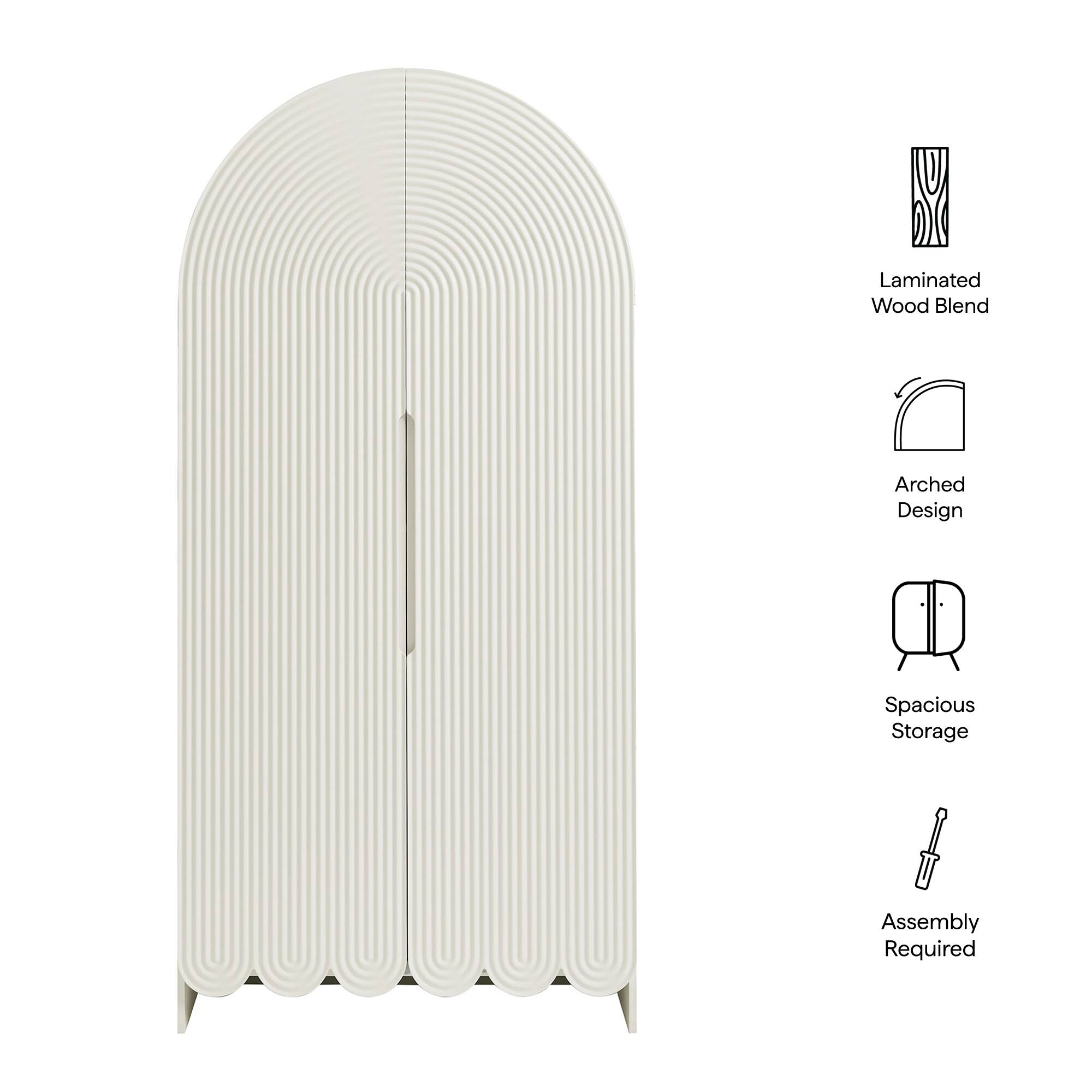Laminated Wood Blend  
Arched Design  
Spacious Storage  
Assembly Required