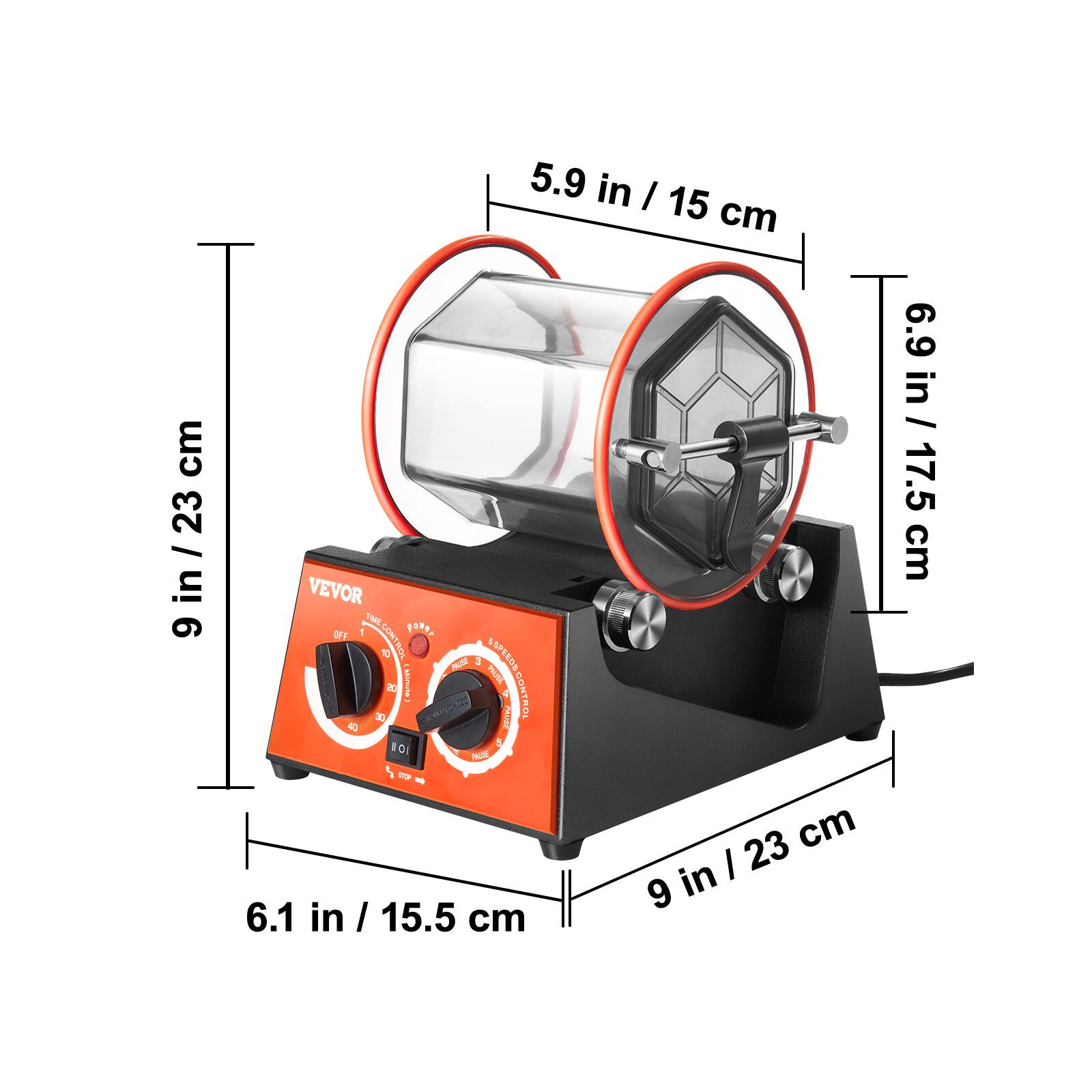 5.9 in / 15 cm  
6.9 in / 17.5 cm  
9 in / 23 cm  
6.1 in / 15.5 cm  
9 in / 23 cm