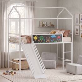 Costway - Twin Size House-Shaped Bed Frame with Slide Chalkboard & Metal Slats for Bedroom Dormitory - White