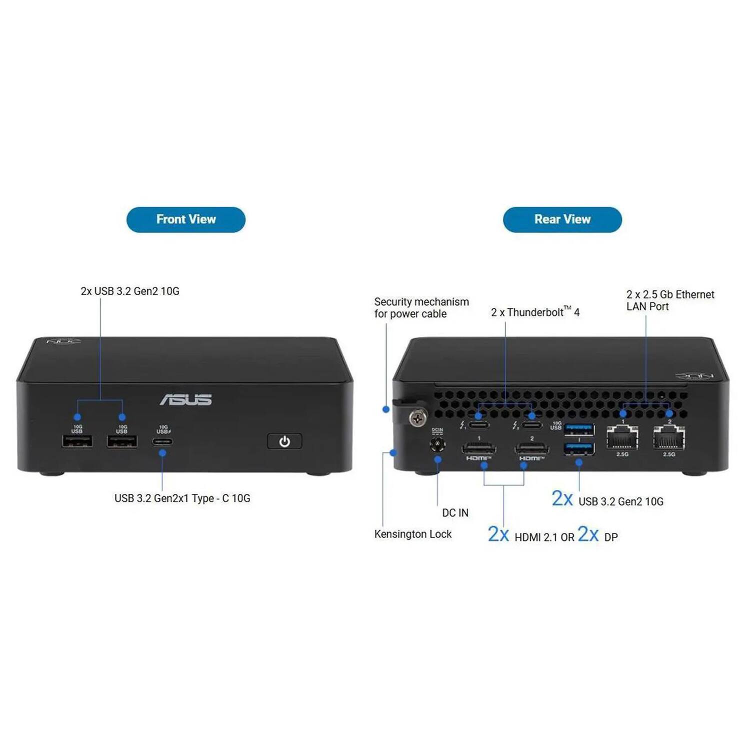 Front View  
Rear View  
2x USB 3.2 Gen2 10G  
Security mechanism for power cable  
2x Thunderbolt 4  
2x 2.5 Gb Ethernet LAN Port  
ASUS  
USB 3.2 Gen2x1 Type C 10G  
DC IN  
Kensington Lock  
2x HDMI 2.1 OR 2x DP