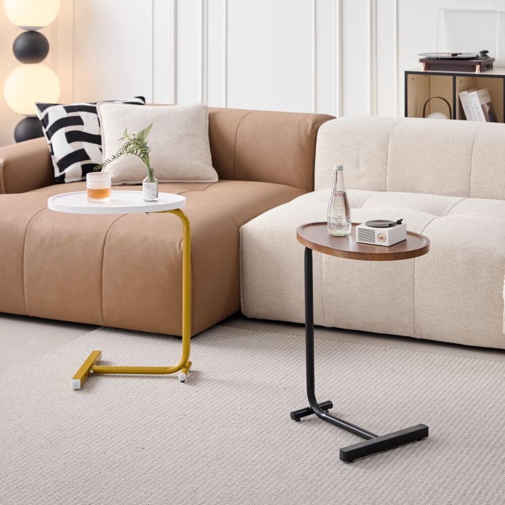 Back. Loheer - Loheer Brown C-Shaped Side Table Small Sofa End Table for Living Room Space Saving Couch Bedside Table with Metal Frame - Brown.