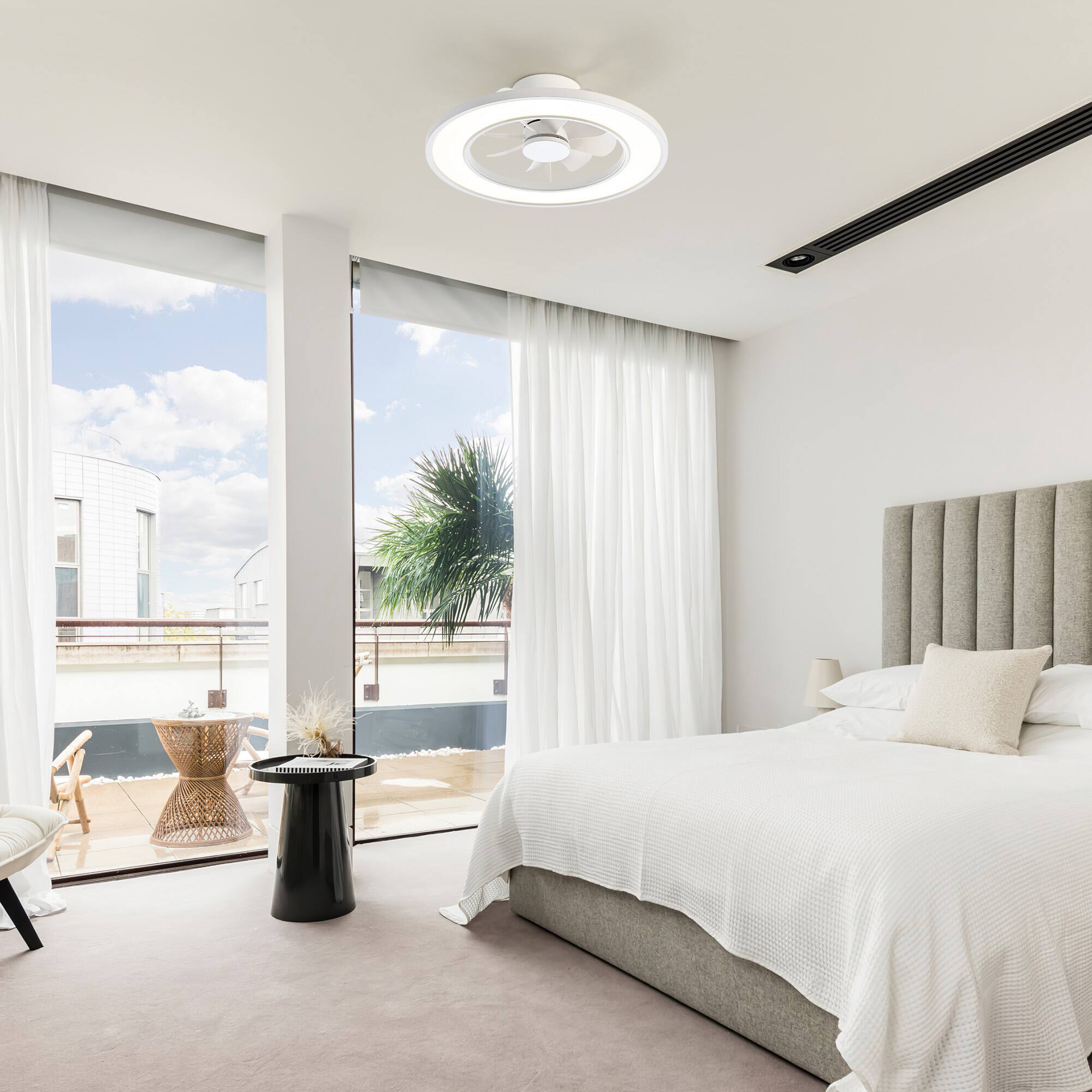 Back. Breezary - 20-Inch Caged Flush Mount Ceiling Fan with Acrylic Shade, Tunable LED, 6-Speed Remote, Timer, DC Motor - 20-Inch White Ceiling Fan.