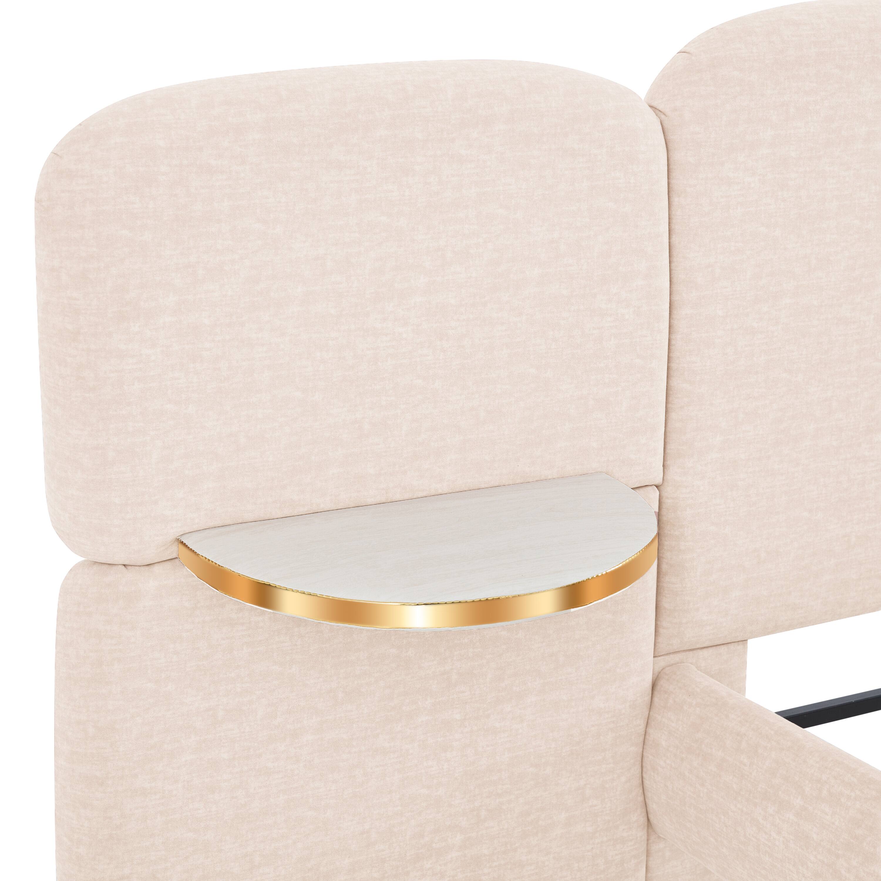 Back. Whisen - Upholstered Platform Bed with Block-Shaped Headboard and Integrated Side Table Shelves - Beige.