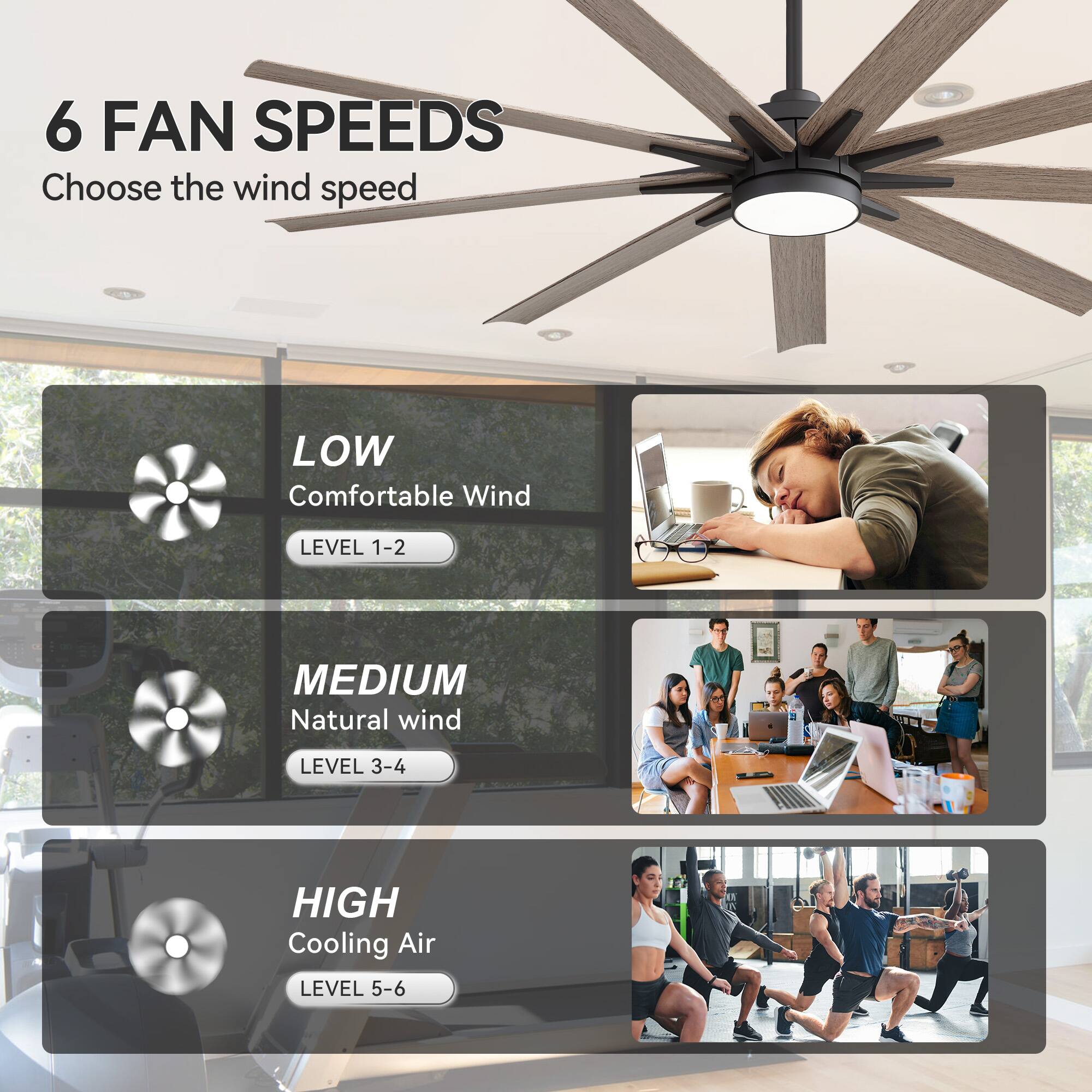 6 FAN SPEEDS  
Choose the wind speed

LOW  
Comfortable Wind  
LEVEL 1-2

MEDIUM  
Natural wind  
LEVEL 3-4

HIGH  
Cooling Air  
LEVEL 5-6