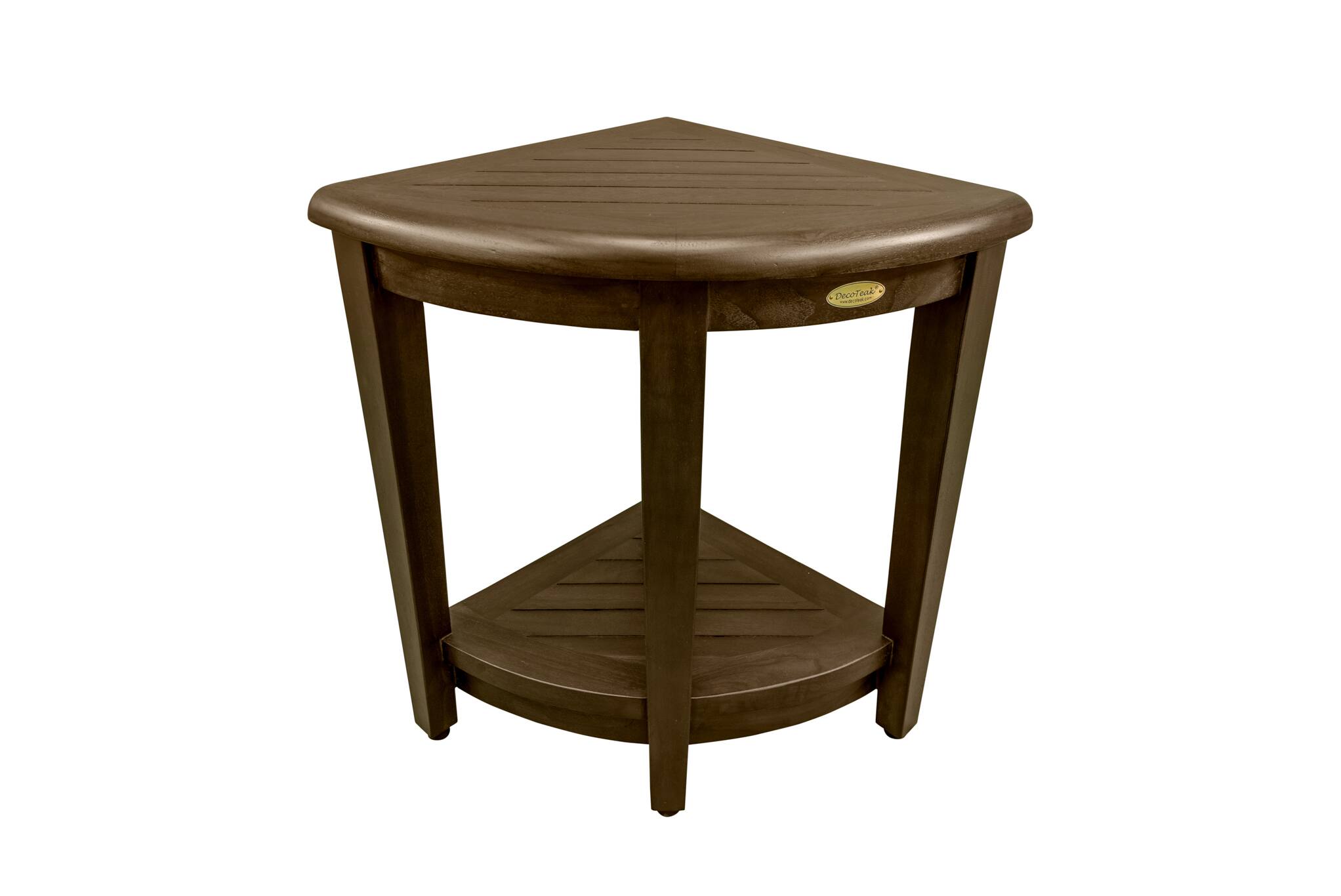 Front. DecoTeak - DecoTeak® SnazzyCorner® 18" Teak Wood Wide Corner Shower Bench with Shelf in Woodland Brown Finish - Woodland Brown.