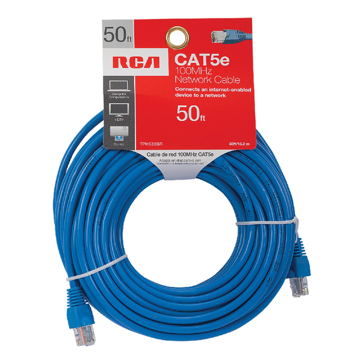 50 ft  
RCA  
CAT5e  
100MHz Network Cable  
Connects an internet-enabled device to a network  
50 ft  
60ft/16.2 m  
TPH533BR  
Cable de red 100MHz CAT5e  
Acepta un dispositivo de red