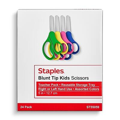 Staples Blunt Tip Kids Scissors  
Teacher Pack - Reusable Storage Tray  
Right or Left Hand Use - Assorted Colors  
5 in - 12.7 cm  
24 Pack  
ST55059