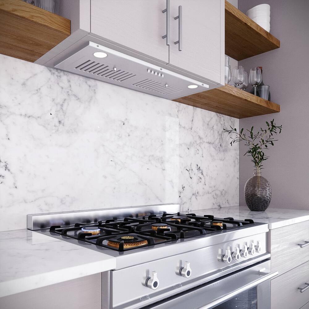 Back. Streamline - 28 in. Sacchi Ductless Insert 350 CFM Range Hood, Baffle Filters, Push Button Control, LED Lights - Brushed Stainless Steel.