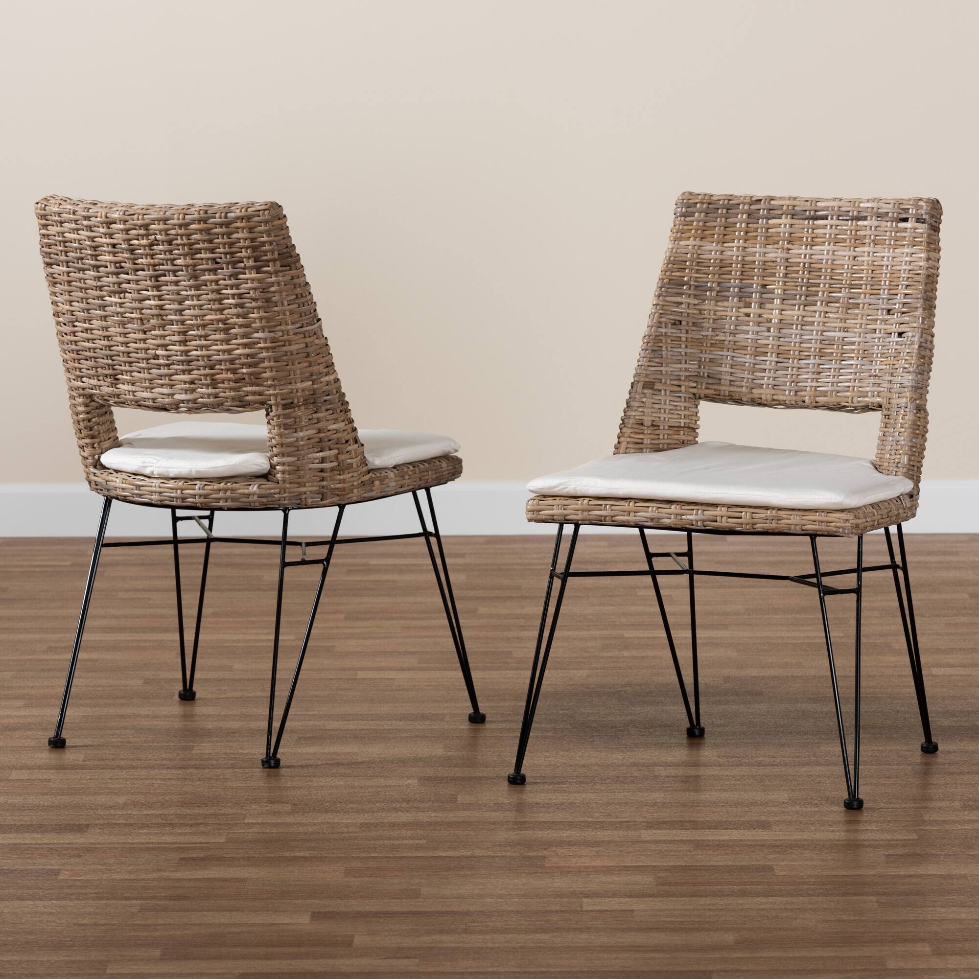 Alt View 4. bali & pari - Nafaro Modern Bohemian Natural Rattan Metal Dining Chair with Cushion 2-Piece Set - Greywashed/Black/White.