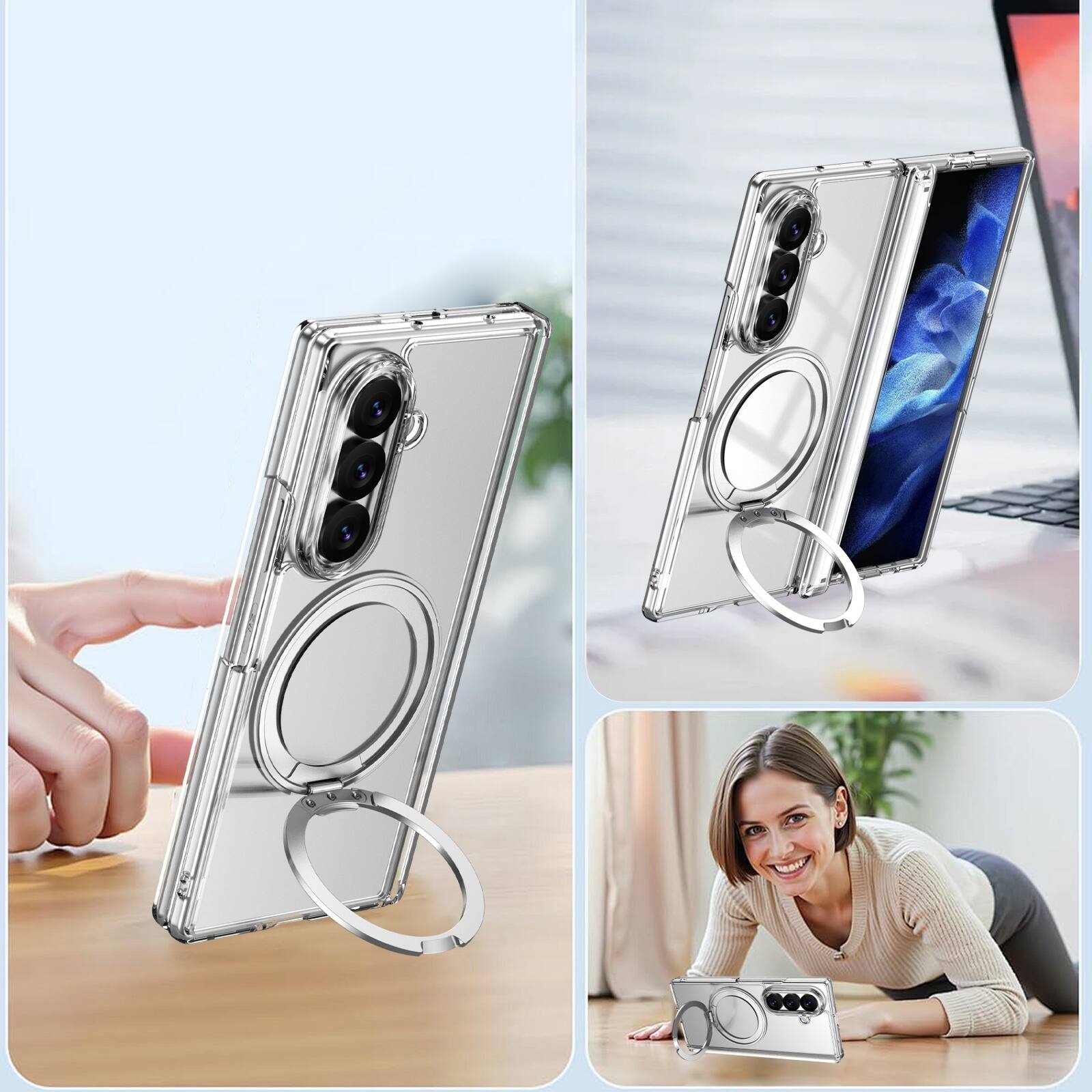 Back. Dteck - Shockproof Phone Case for Samsung Galaxy Z Fold8 Ultra with 360 Kickstand, Magnetic Matte Cover with Spine Hinge Defense - Clear.